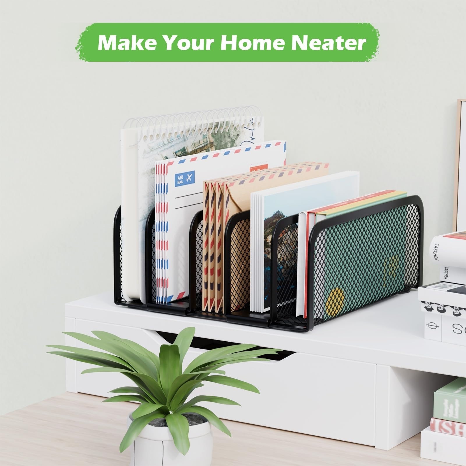 Black Metal Mail Organizer – 5-Slot Desktop File Holder for Office & Home