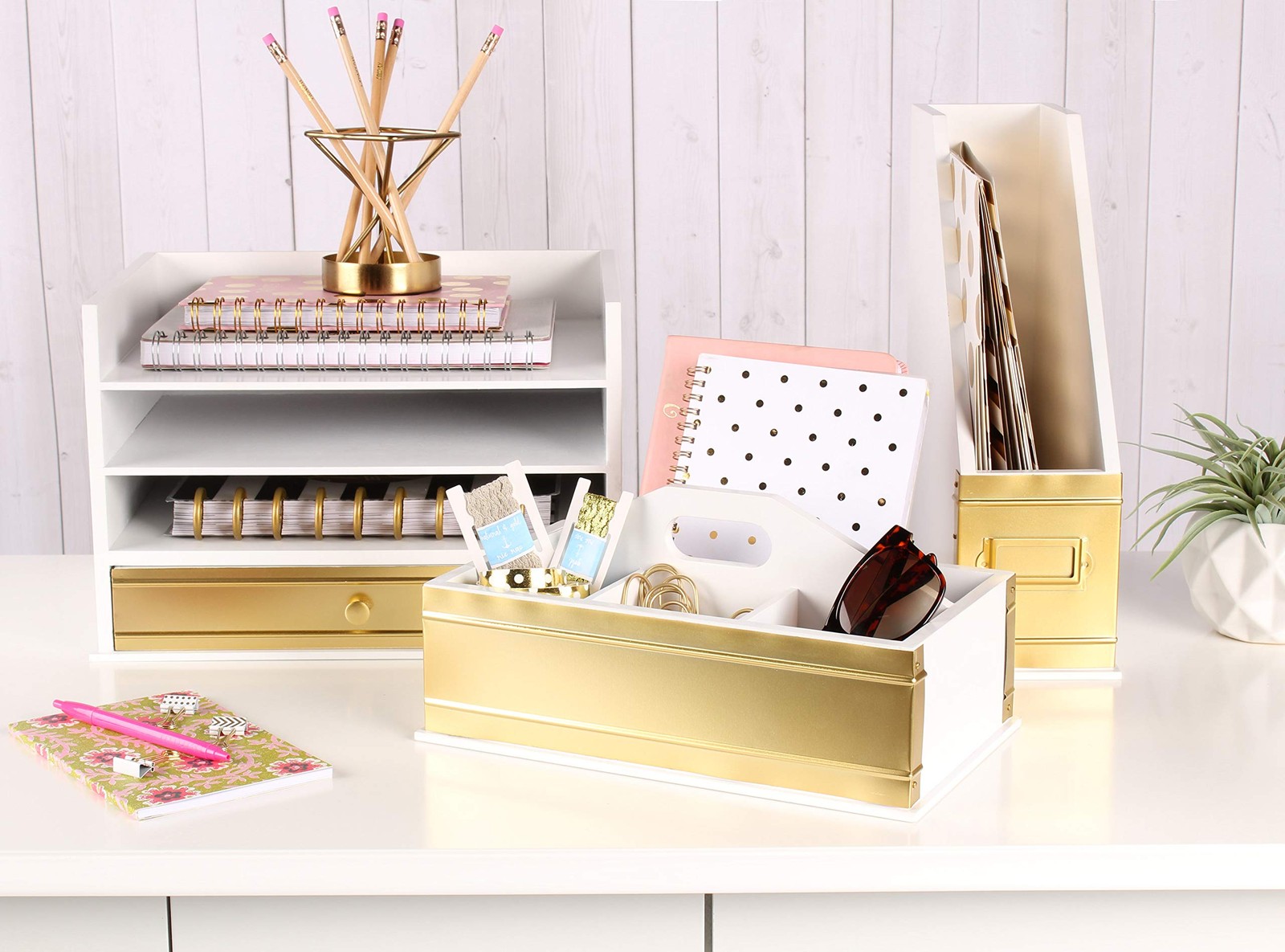 Industrious Desktop Wood Letter Tray with 3 Trays and Drawer, White and Gold