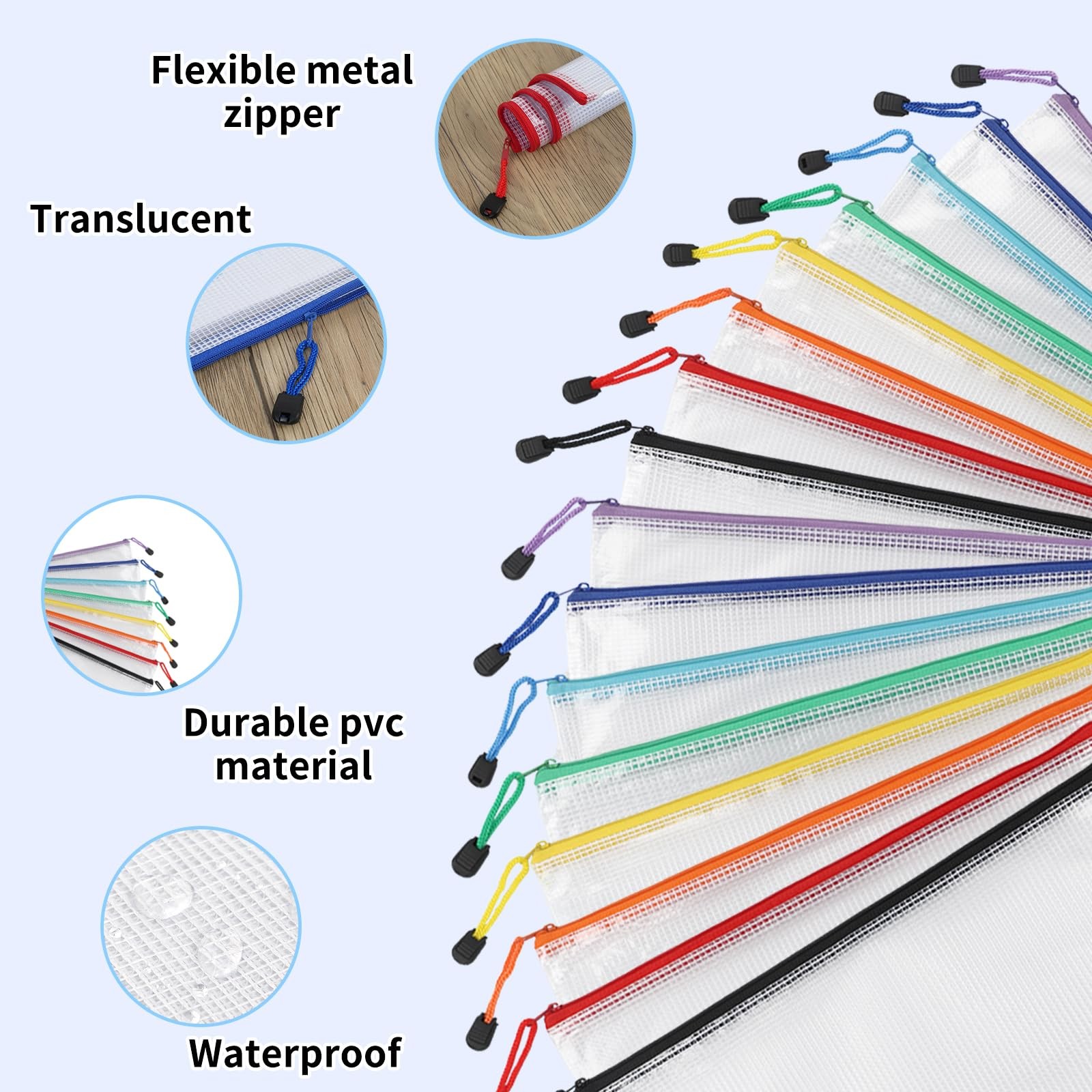 24 Pack A4 Size Zipper Pouch Bags 8 Colors Mesh Bags for Travel School Office