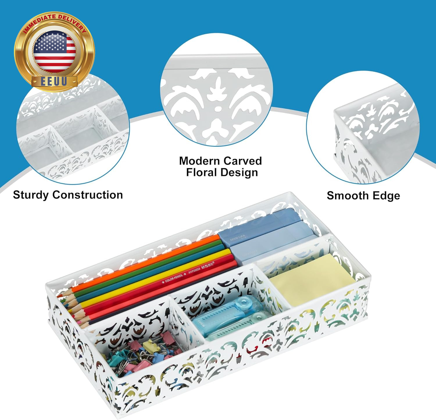 Desk Drawer Organizer with 4 Compartments, Carved Hollow Floral Metal Tray for O