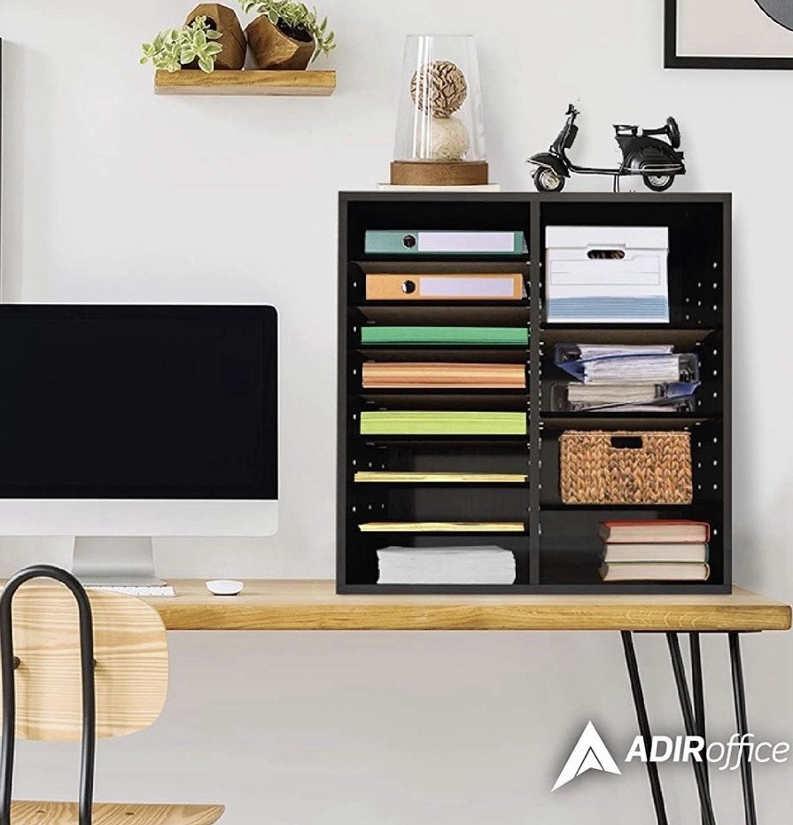 AdirOffice 16 Compartment Adjustable Wood Literature Organizer Black NIP
