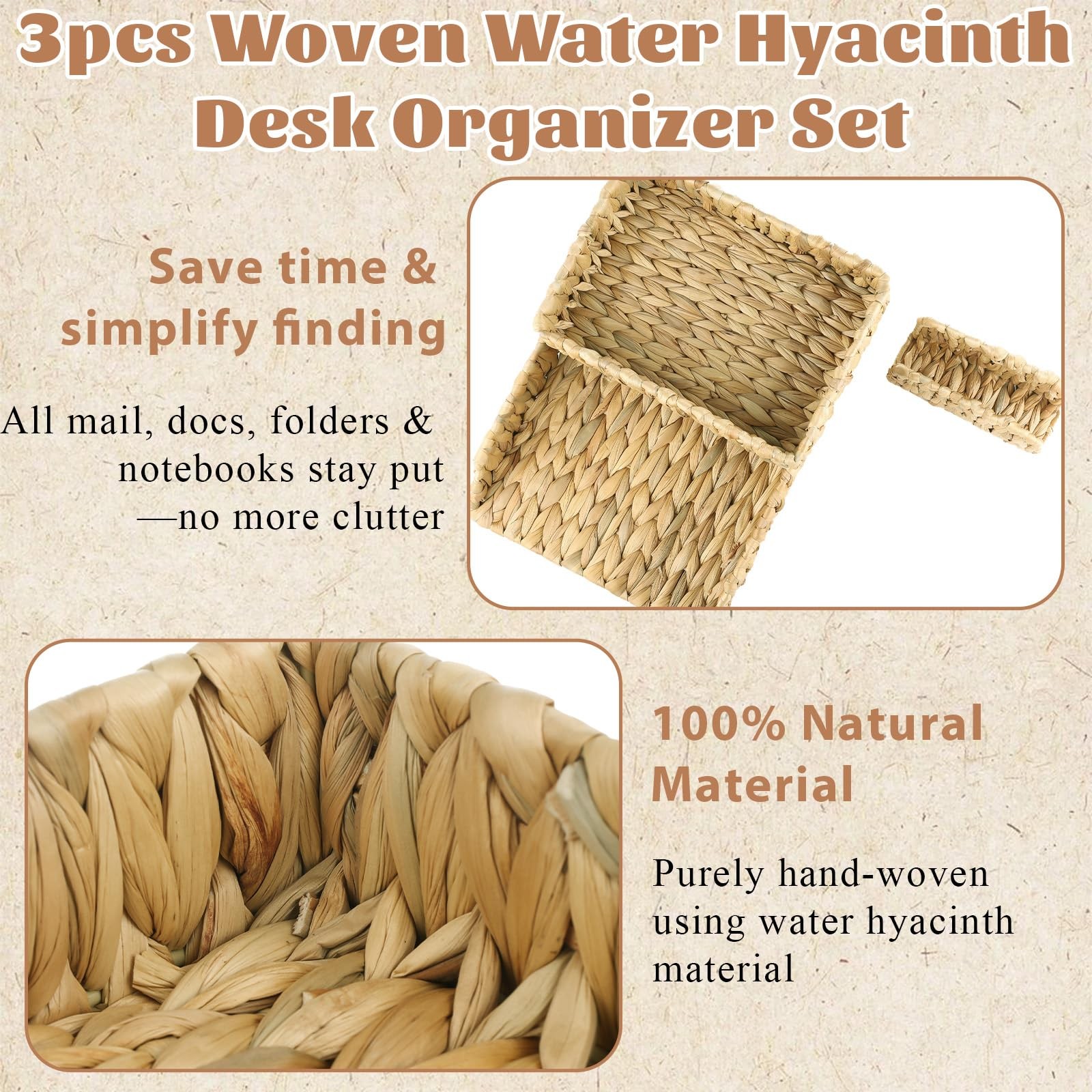 Woven Desk Organizer Letter Tray Set of 3, Water Hyacinth Paper Baskets for O…