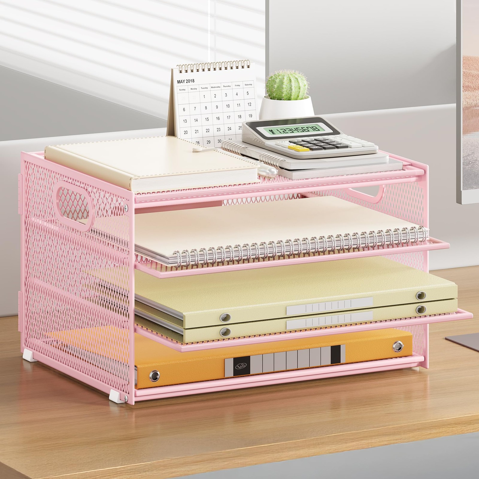 Paper Letter Tray Organizer Desk Pink Metal Mesh File Sorter 2 Sliding Trays