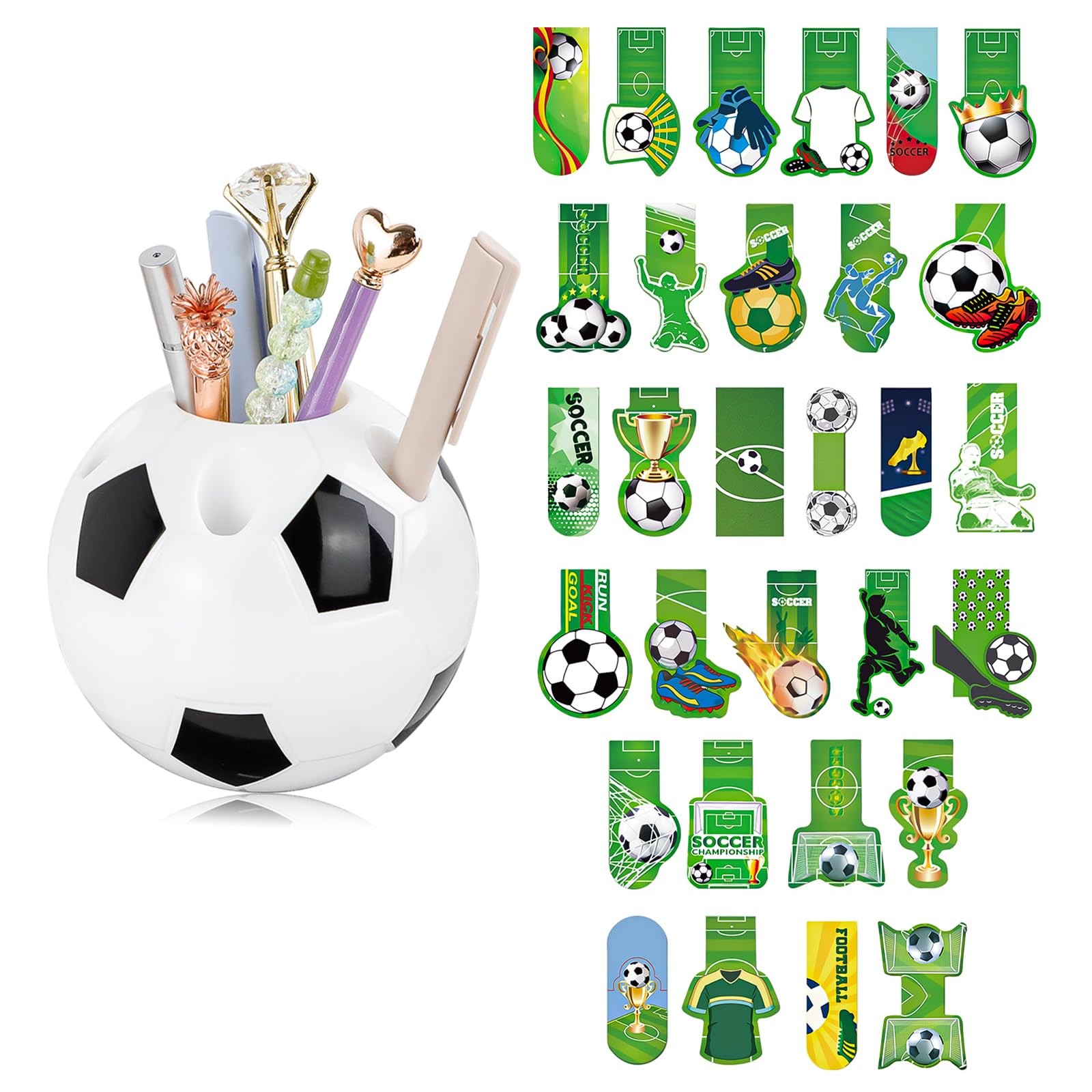 Soccer Pen Holder for Desk with 30Pack Bookmarks, Desktop Pencil Organizer Co…