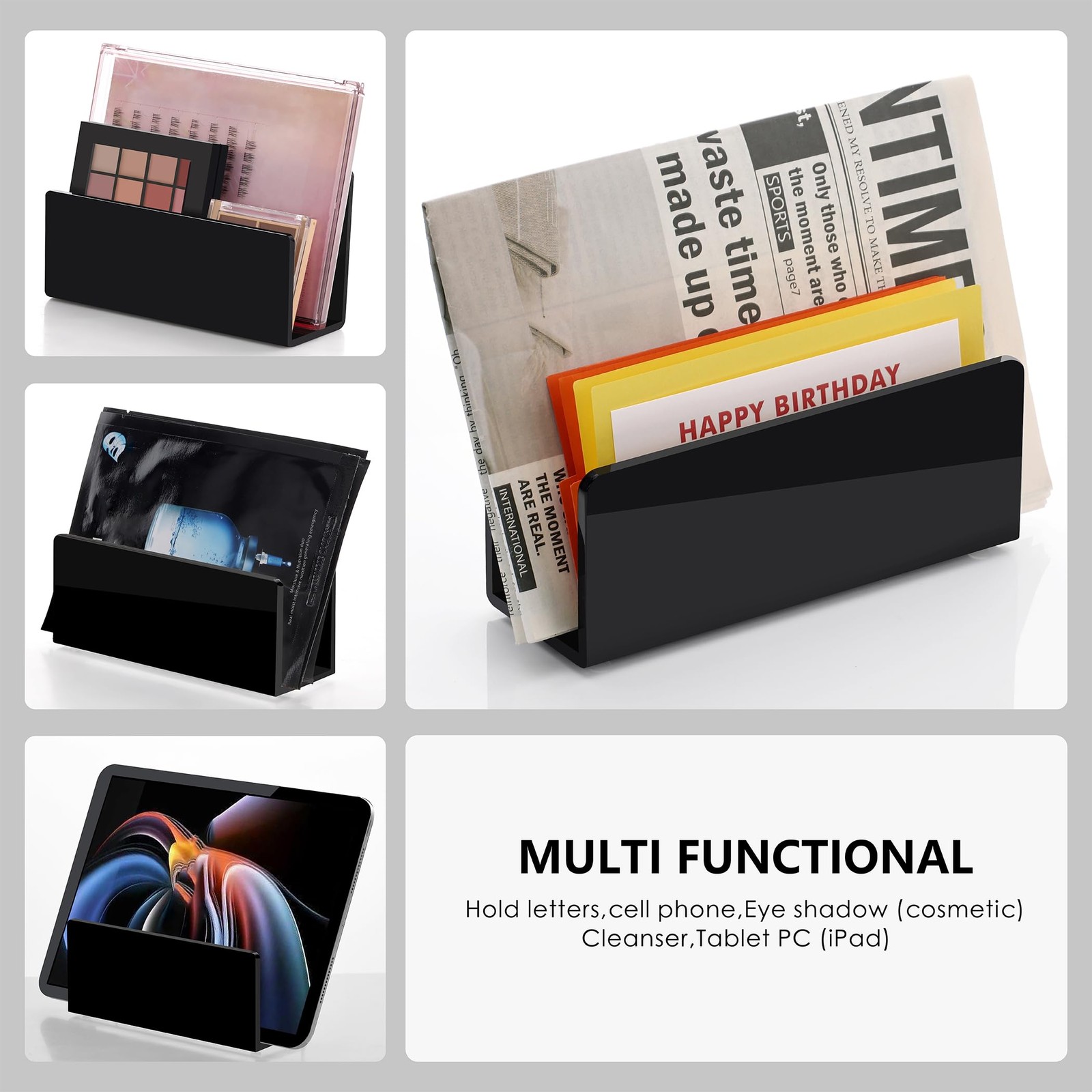 Acrylic Desk Mail Organizer Sorter Black File Holder Letter Document Rack
