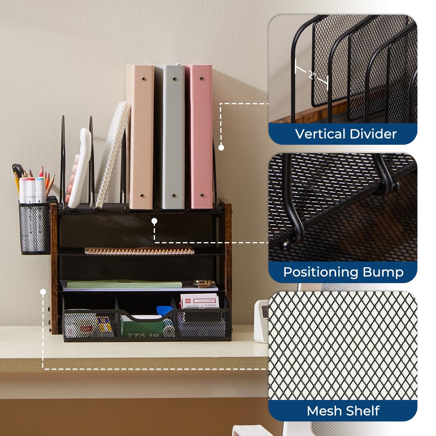 Y YOMA Wooden Desk Organizer, 4-Tier Mesh Organizer with Brown, Black