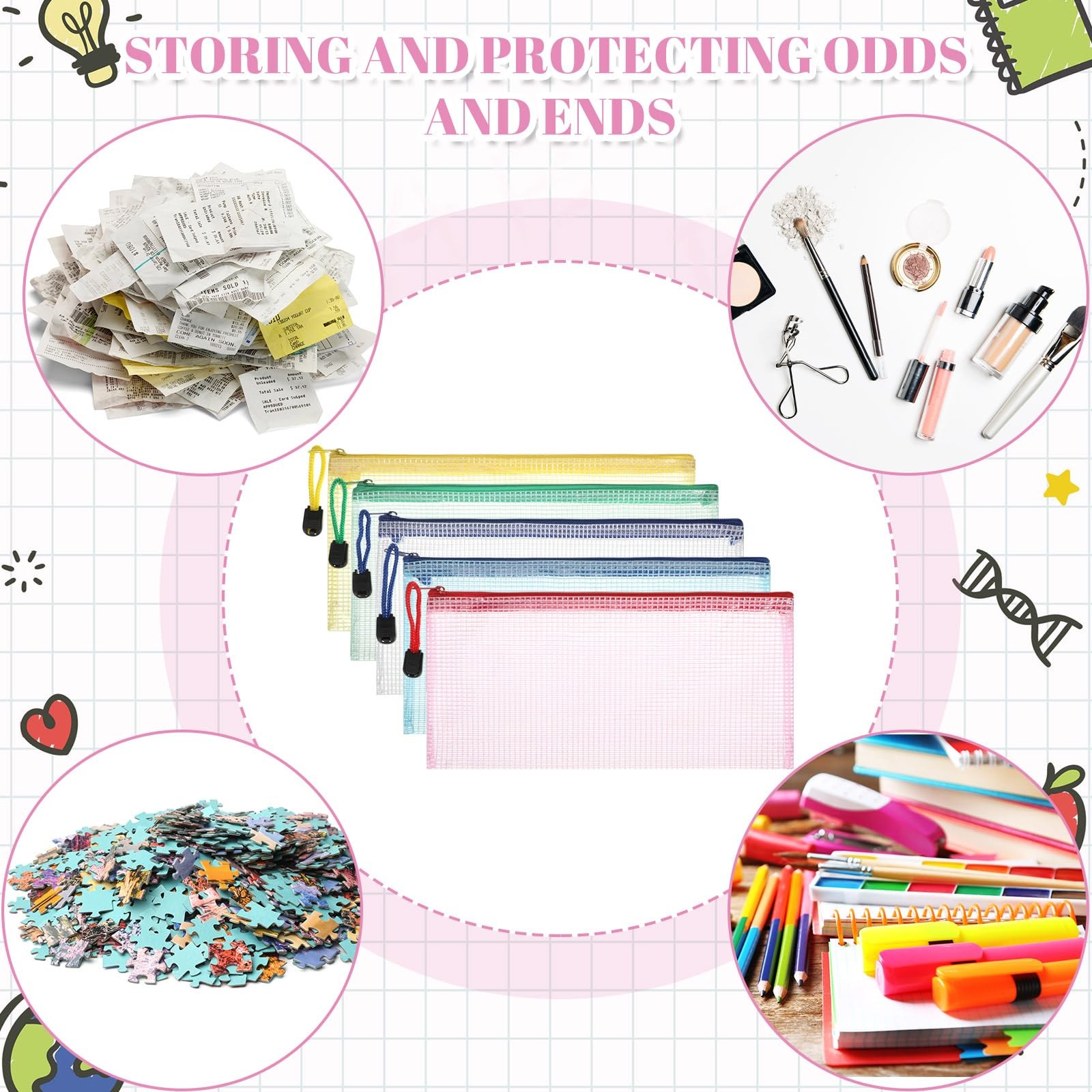 120 PCS Multicolor A6 Clear Waterproof Mesh Zipper Pouch Pencil Case Bag