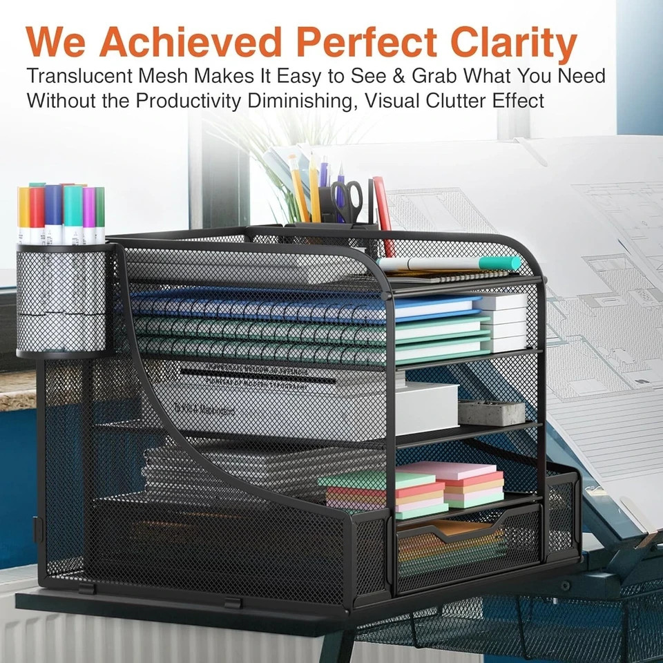 5 Tier Mesh Desktop Organizer System – Mail Folder Organizer Pencil File Holder