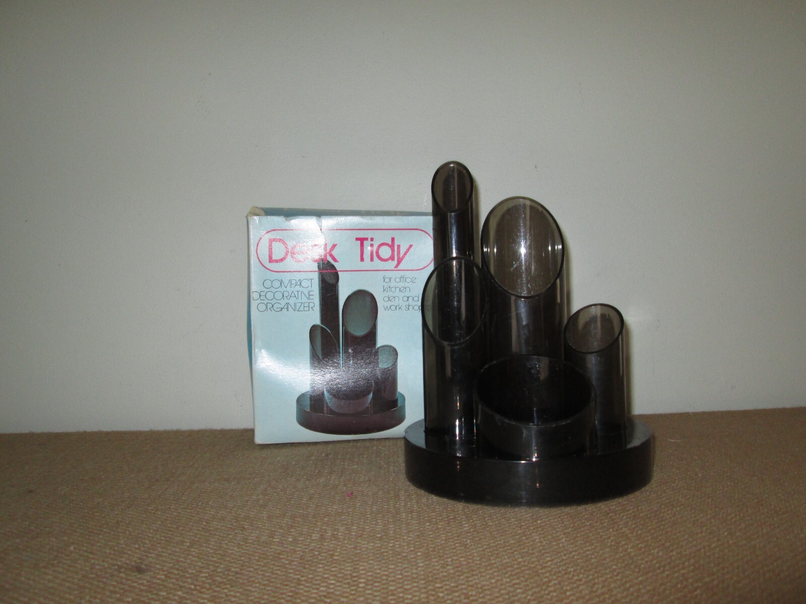 Vtg 1970s Atomic Office Desk Organizer Smoke Gray Plastic Tubes + Box *Hong Kong