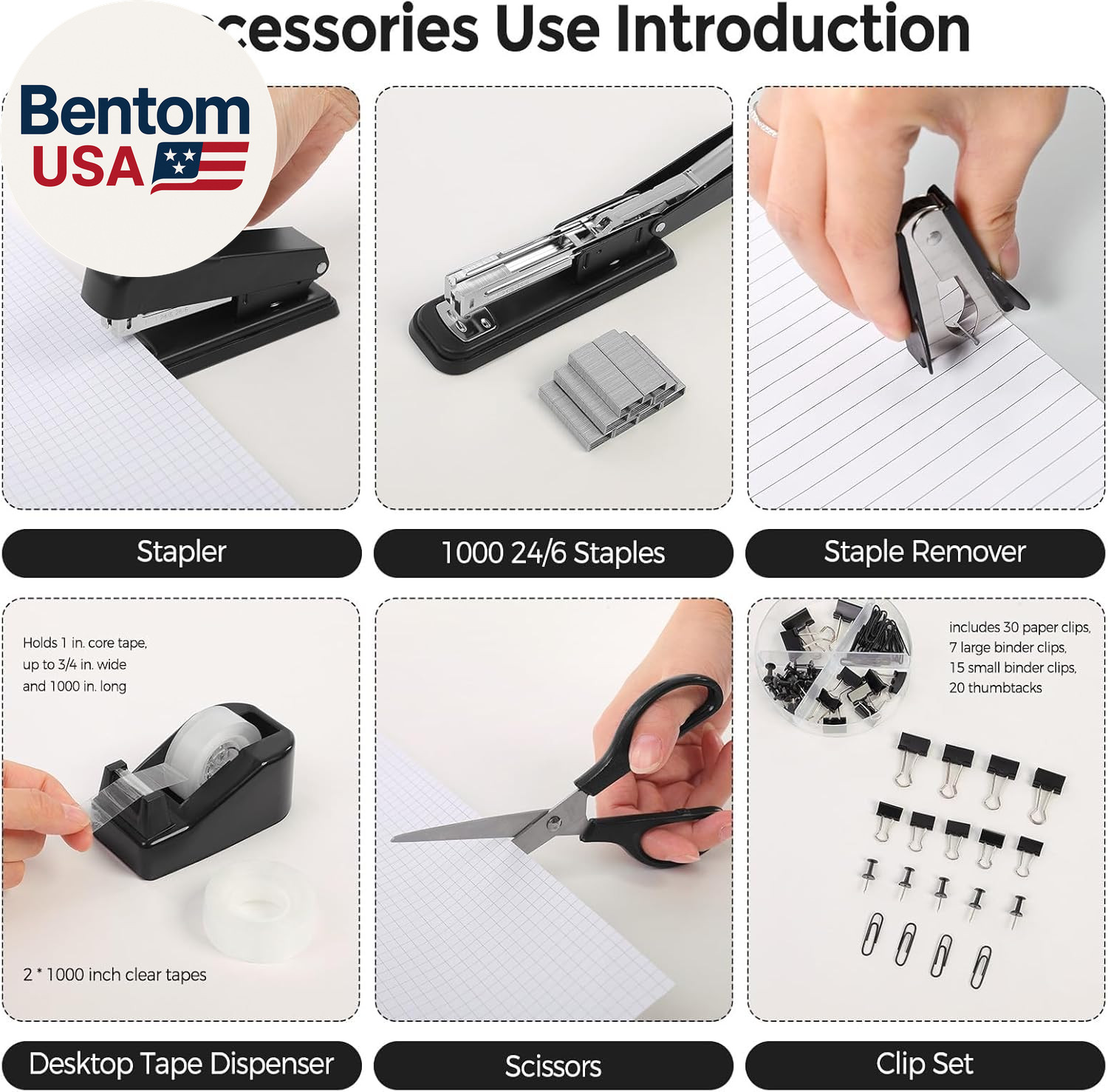 Black Office Supplies Set, Black Desk Accessories, Stapler, Tape Dispenser, Scis