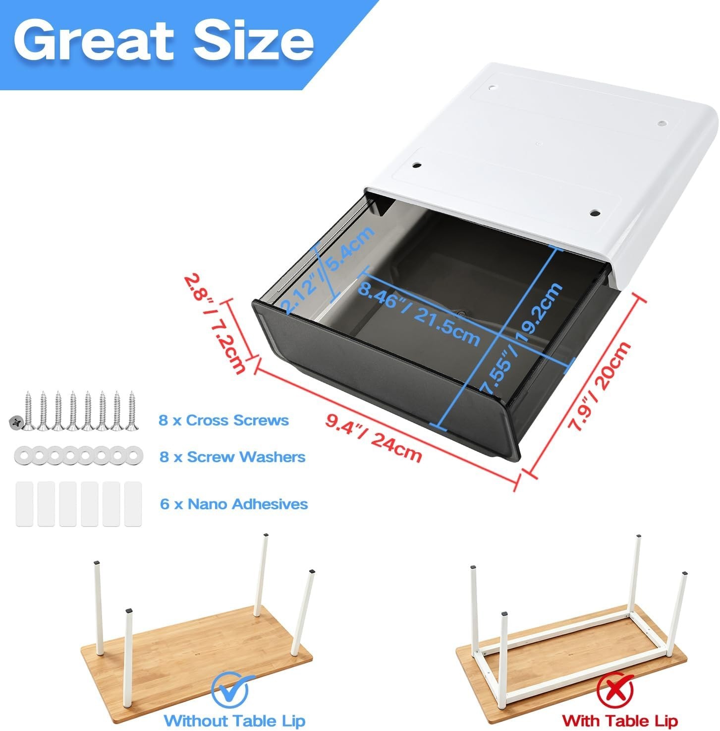Self-adhesive Under Desk Drawer Organizer, 2 Pack Table Hidden Slide Out Larg…