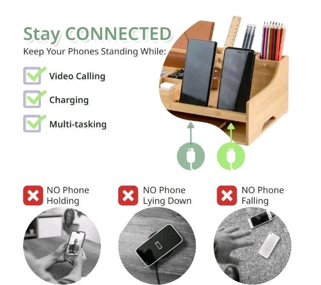 5in1 Bamboo Wood Desk Organizer with Cable Management Spacious Desk Storage