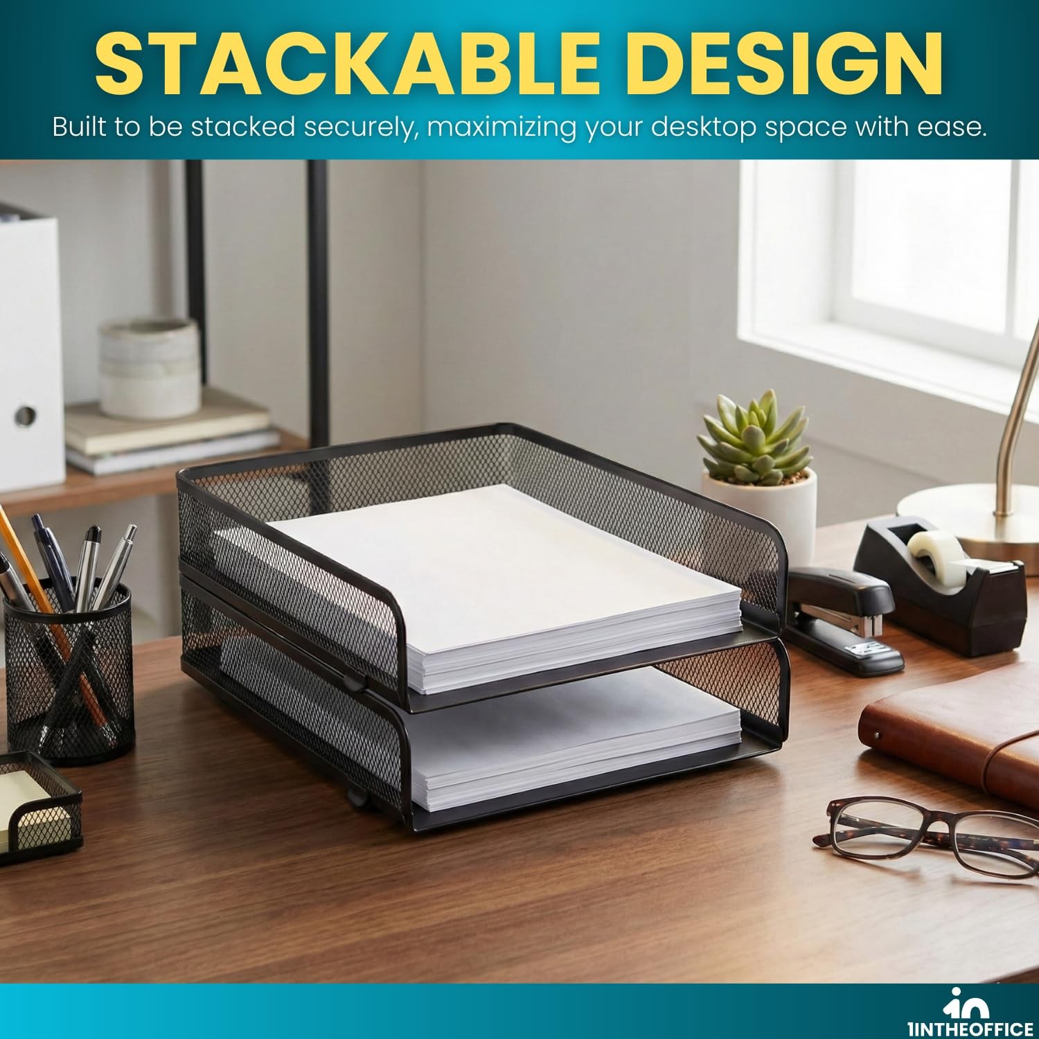 2 Pack Matte Black Wire Mesh Stackable FrontLoad Letter Paper Desk Tray