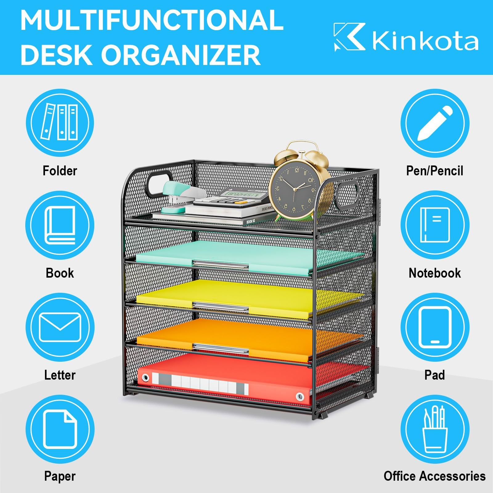 Kinkota Paper Organizer Letter Tray with Handle, 5-Tier Black Stackable Desk …