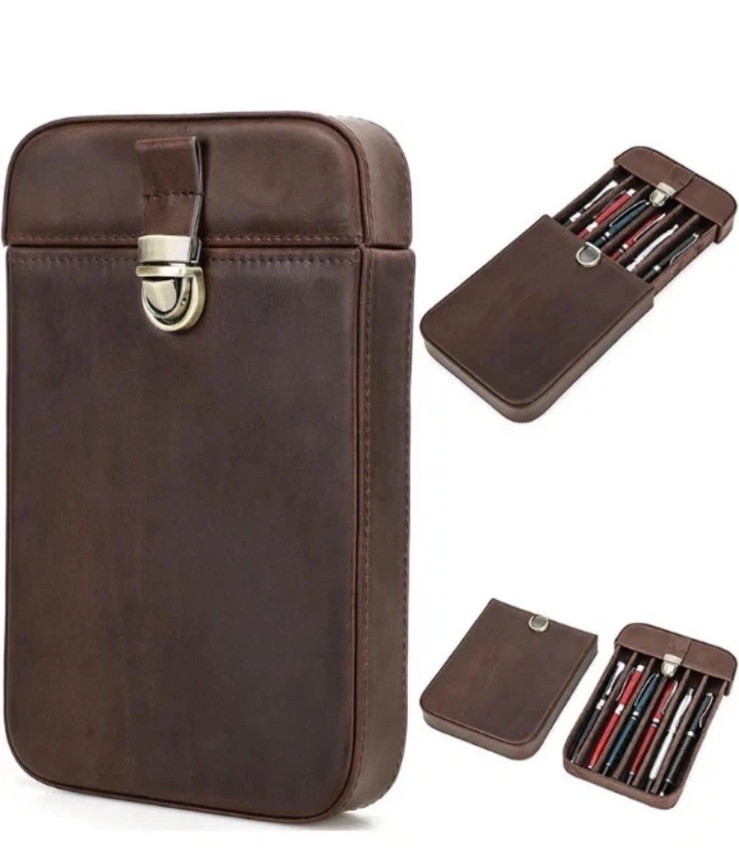 Top Grain Genuine Leather 6-Slot Fountain Pen & Pencil Tray Case Holder