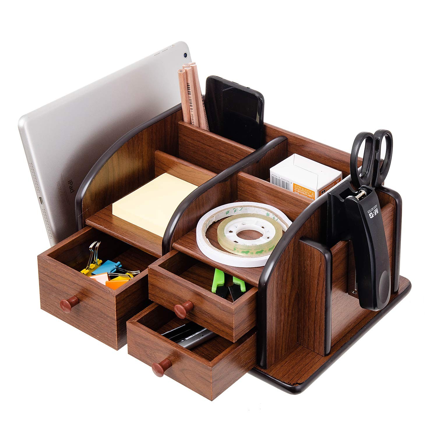 Liry Products Brown Wooden Desk Organizer Multiple Compartments 3 Drawers Slots