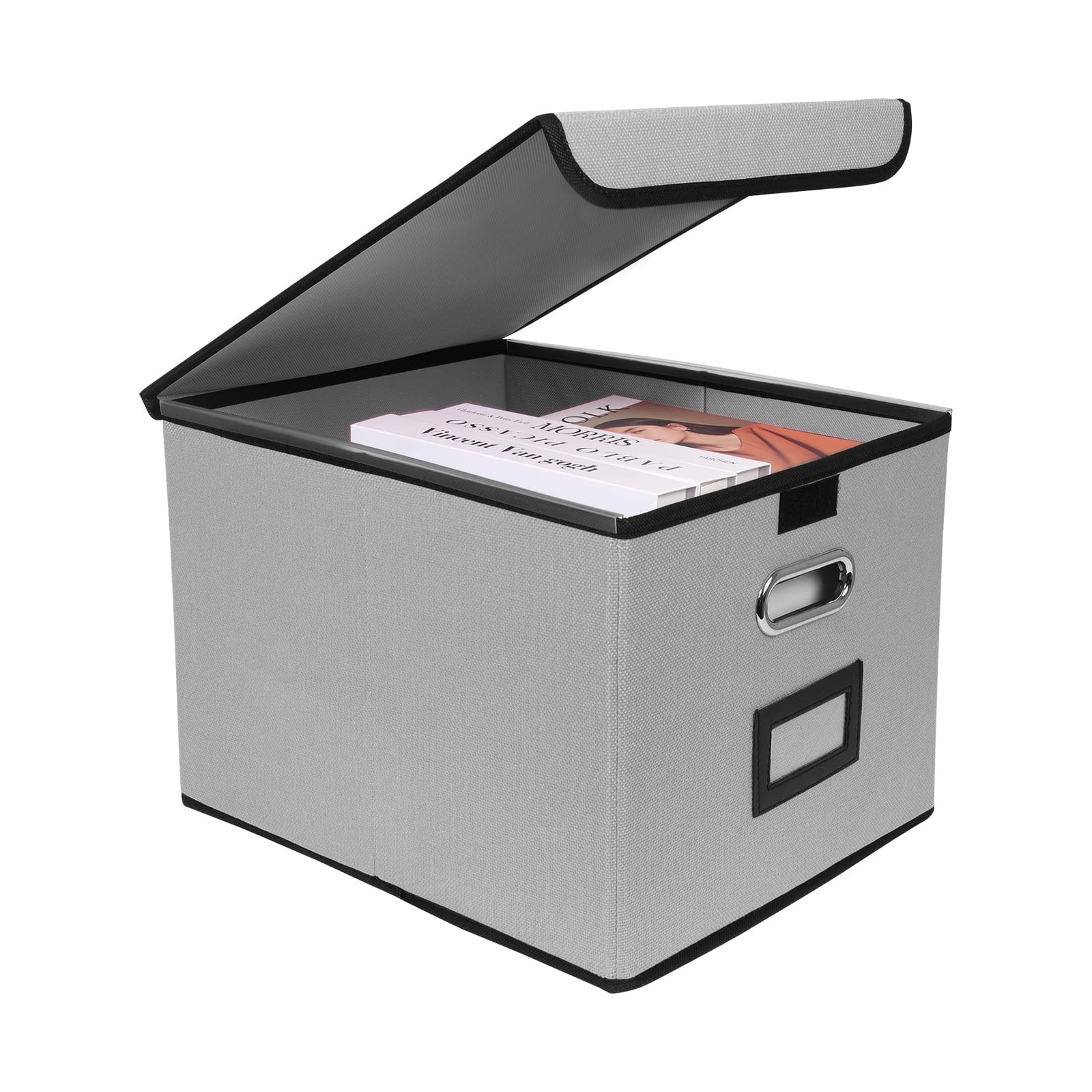 Tcbelosion File Storage Box with Lid, 15.55×12.87×10.43 Inches, Foldable Grey