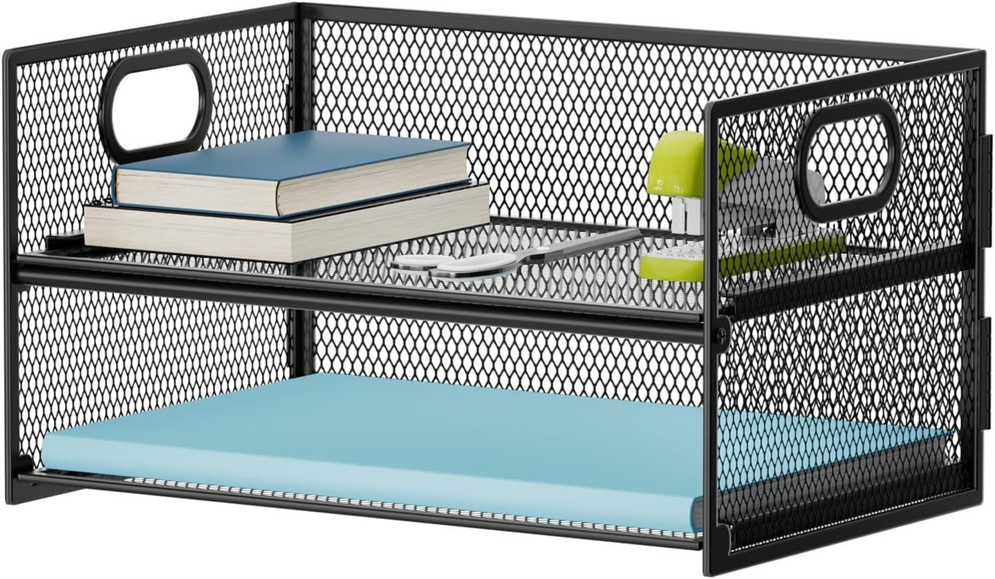 Marbrasse 2 Tier Paper Organizer Letter Tray, Mesh File Organizer with Handle, P