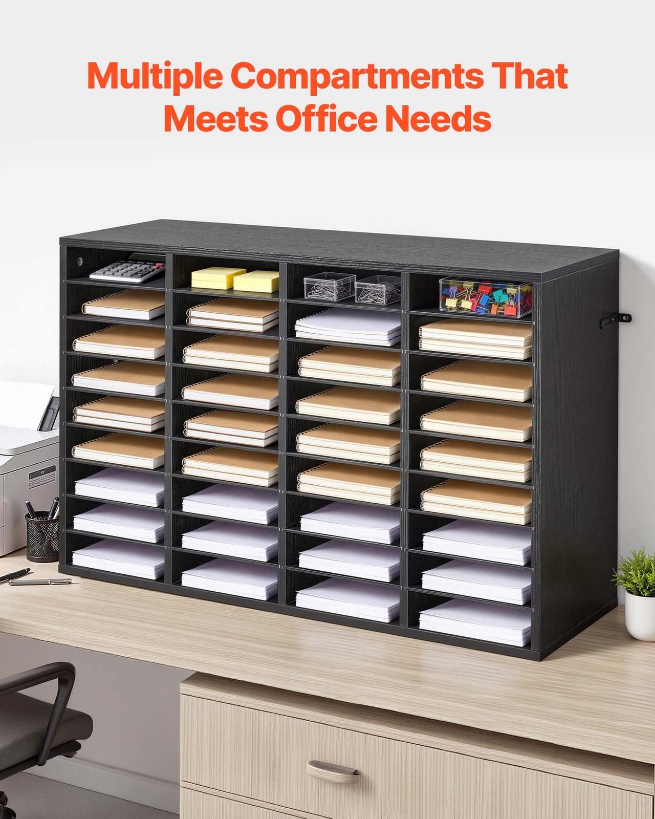 Wooden Mailbox Sorter 36 Compartments, Particle Board, Countertop File Organizer