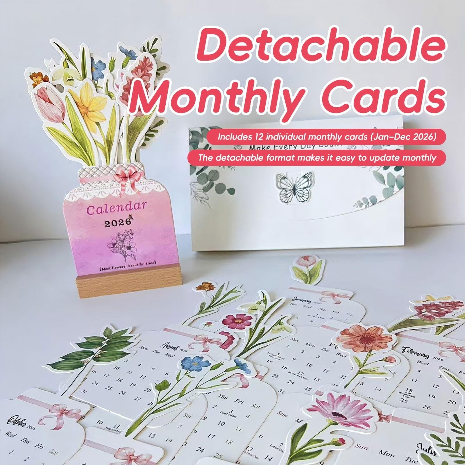 Bloomy Flowers 3D Floral Desk Calendar 2026, Pop Up 3.9″W x 8.5″H, white