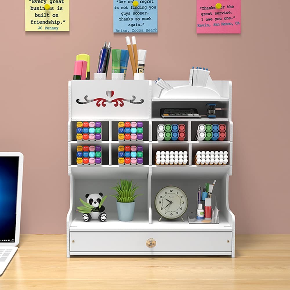 White Pen Organizer with Drawer DIY Pencil Holder Desk Tidy Caddy Office Stat…