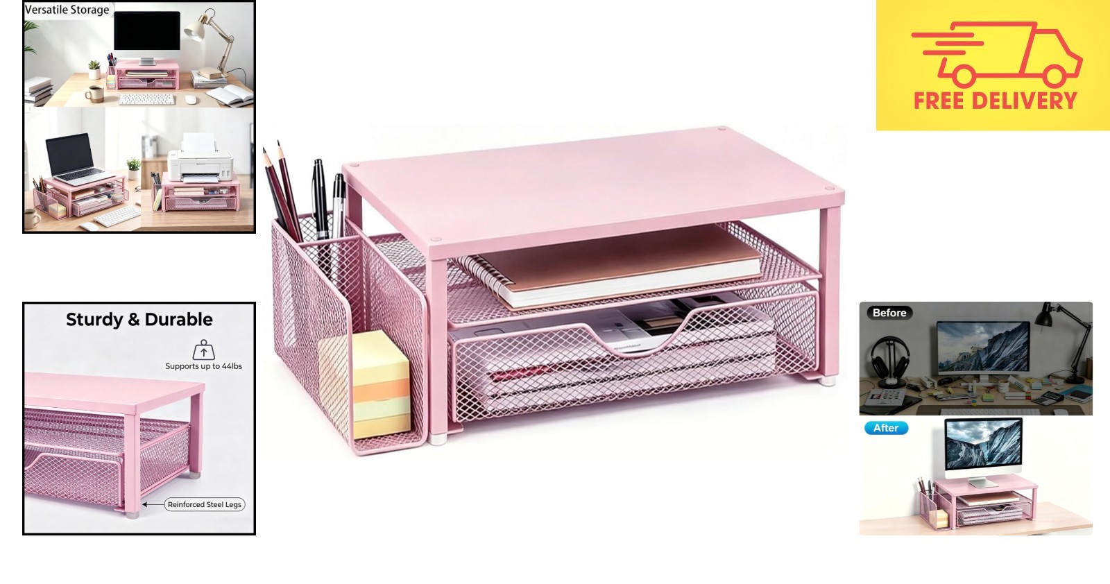 Ergonomic Monitor Stand Riser in Pink with Drawer & Ample Storage for Office