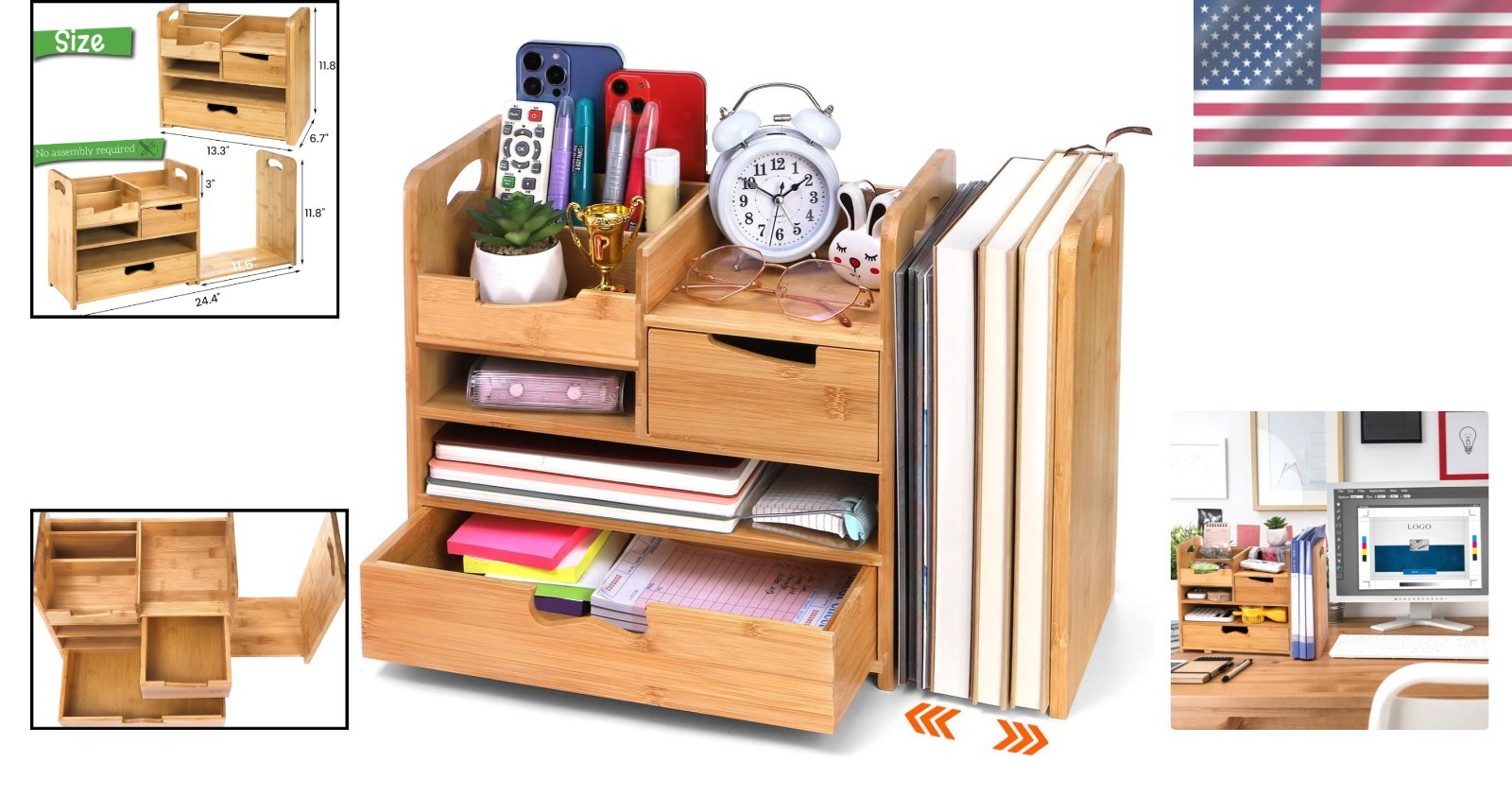 Space-Saving Bamboo Desktop Organizer with Adjustable Compartments & Drawer