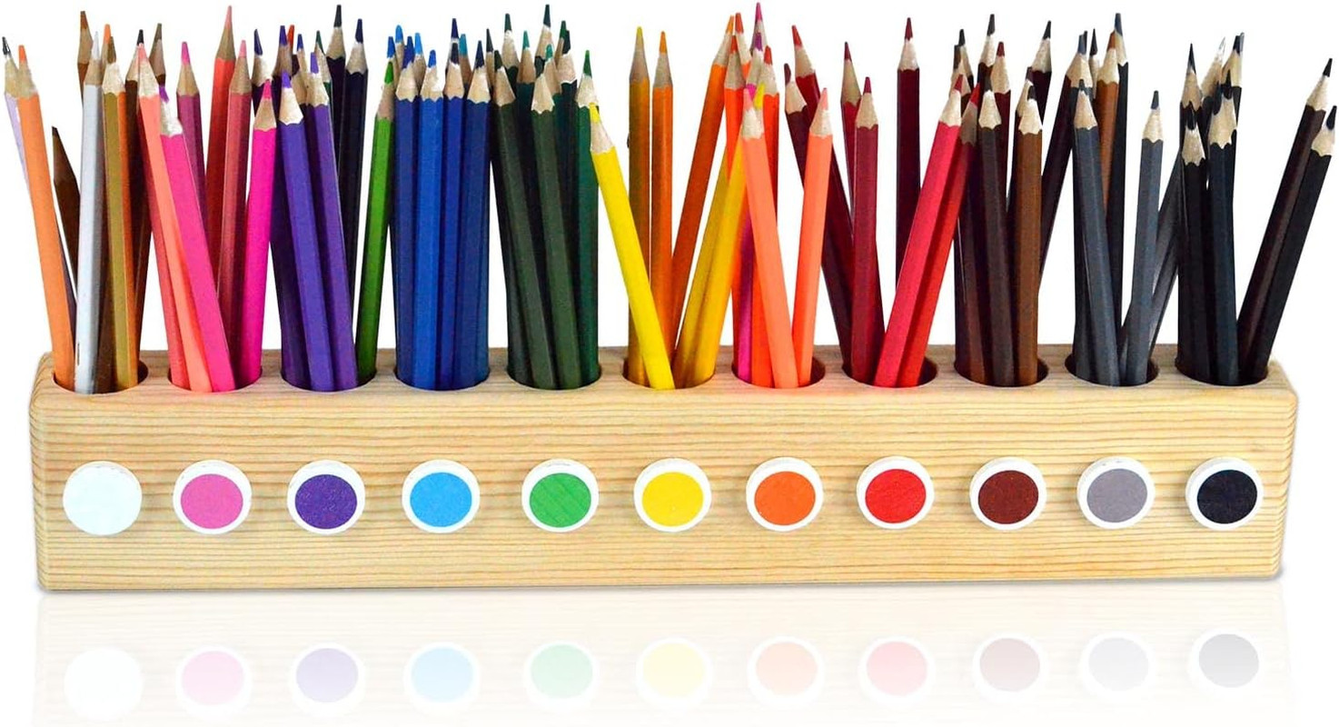 Desk Wood Colored Pen Pencil Holder, Solid Wooden Pencils Organizer Storage for