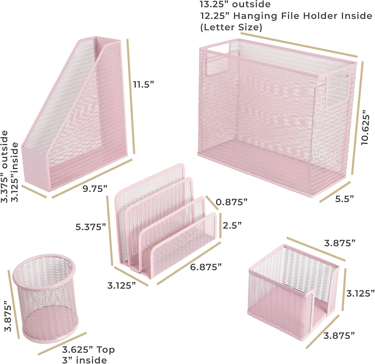 Pink Metal Desk Organizer Set – 5 Piece Office Accessories