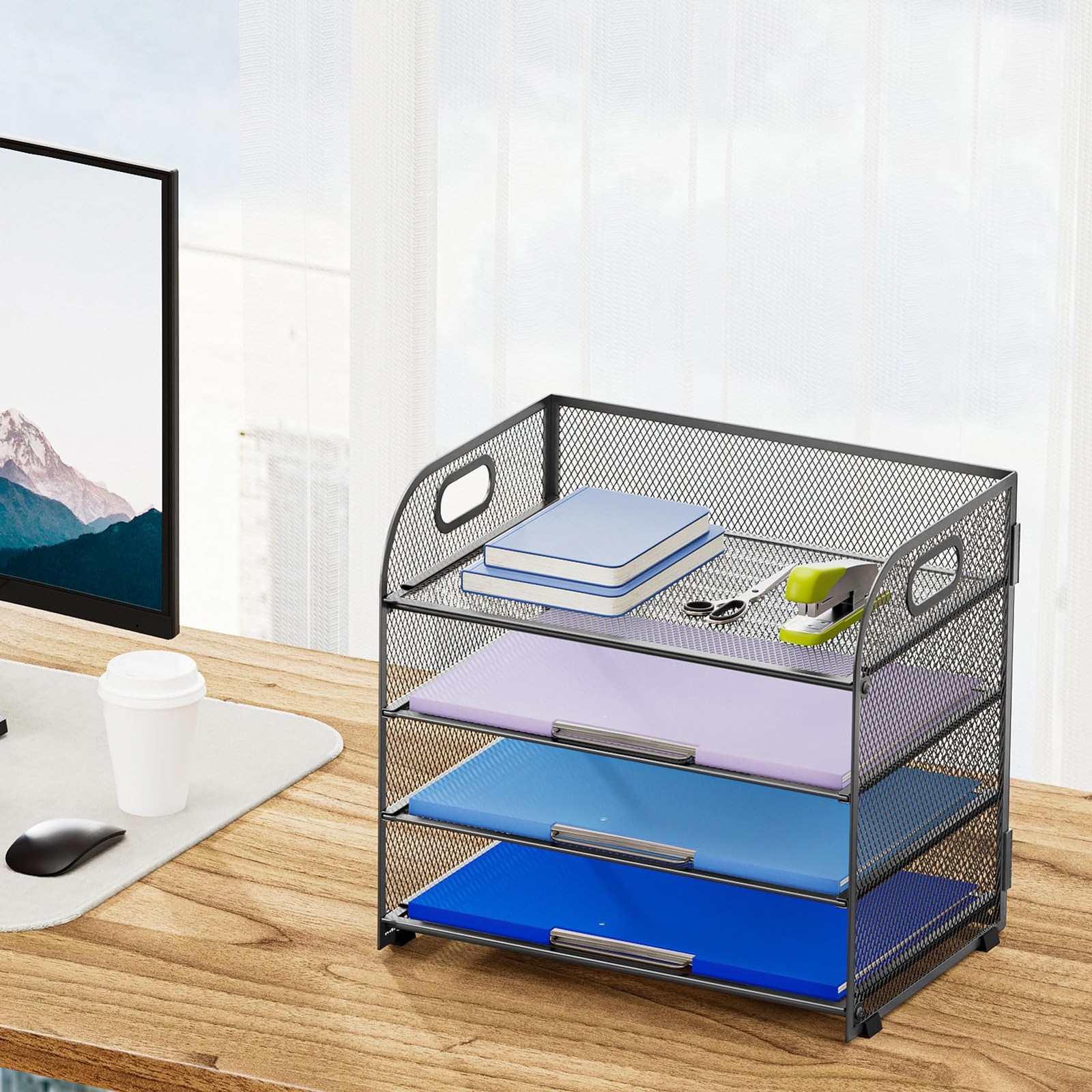 4 Tier Grey Mesh Paper Organizer, 12.6 x 9.1 x 10.7, Handle, File Sorter