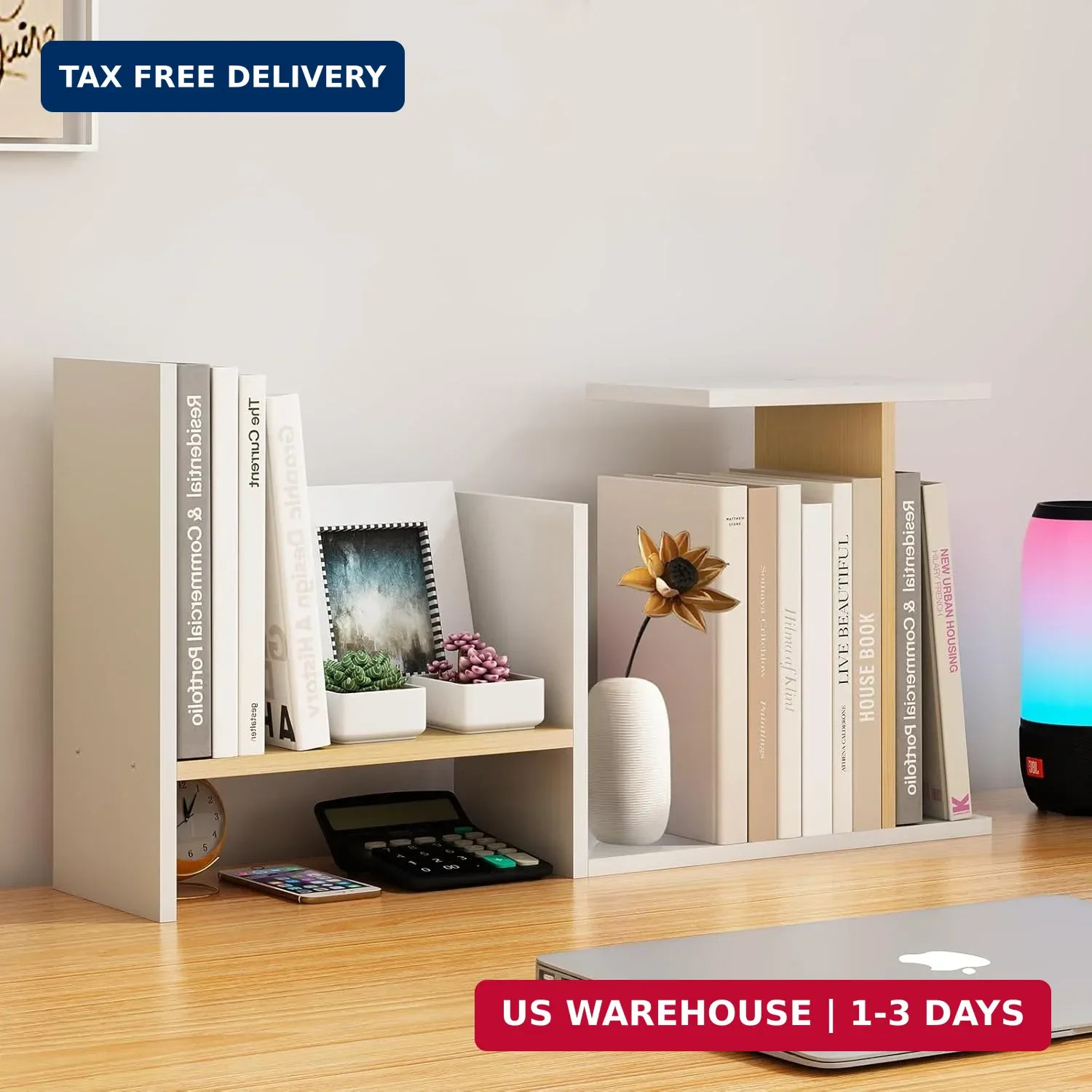 White Desk Organizers and Storage Small Desktop Bookshelf Length Expandable Desk