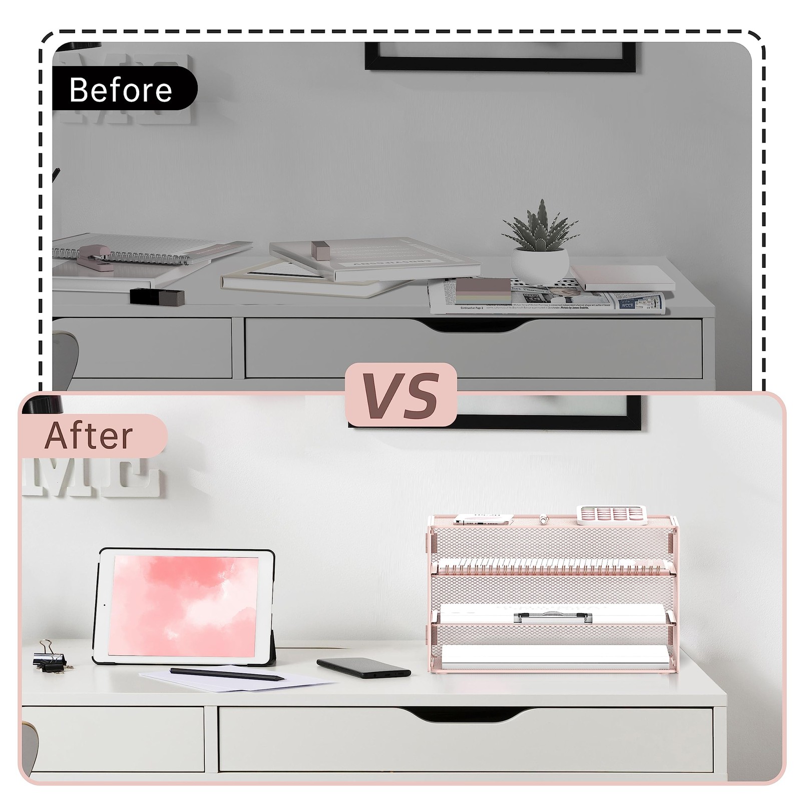 3 Tier Letter Tray Paper Organizer Mesh Metal Desk File Home Office Pink