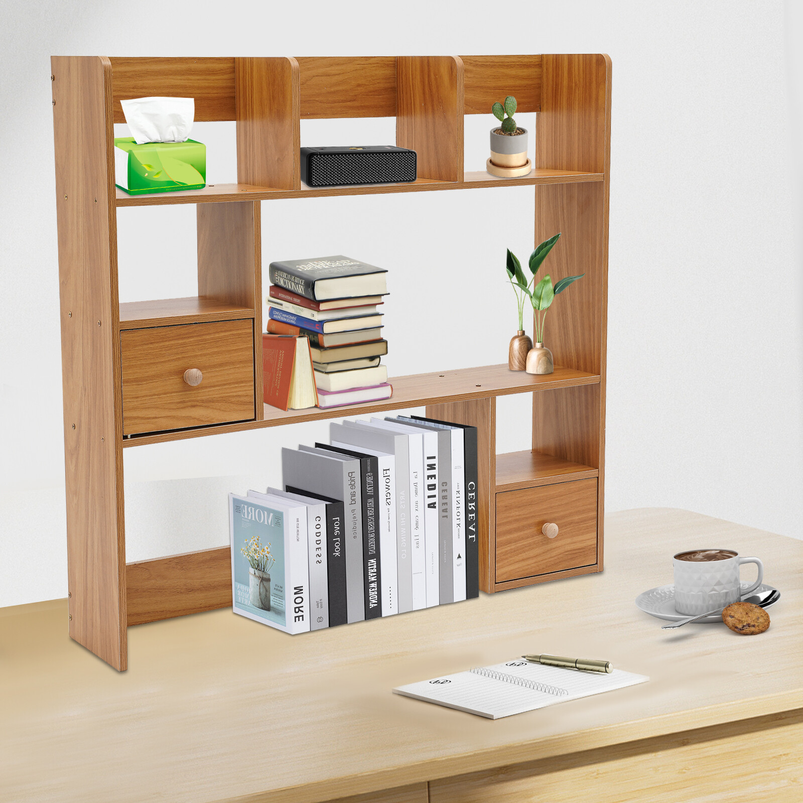 Pine Color Desktop Bookshelf Modern Storage Organizer Home Office Desk Organizer