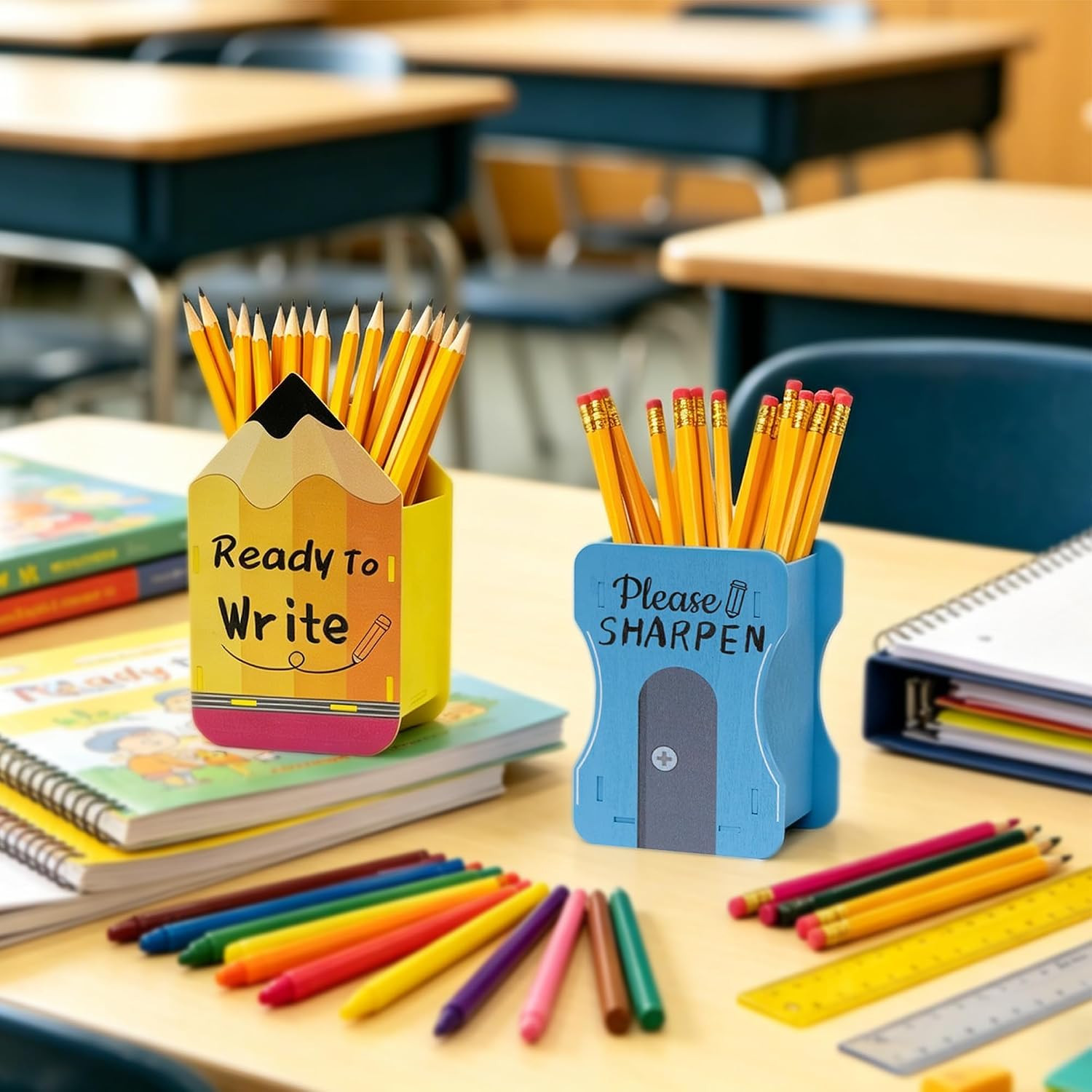 2 PCS Wooden Pencil Dispenser, Sharp and Dull Pencil Holder for Classroom, Back
