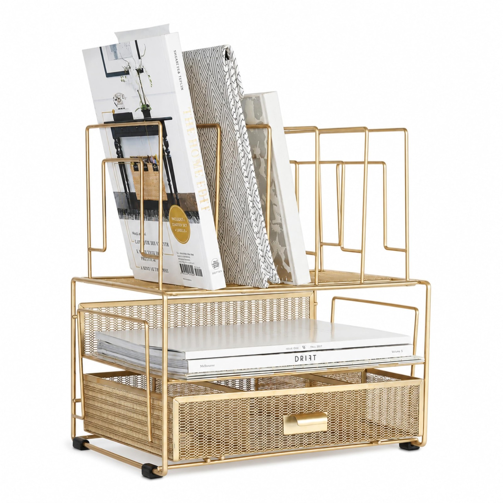 BLU MONACO | Gold Desk Organizer With Drawer | Metal Mesh File Holder &