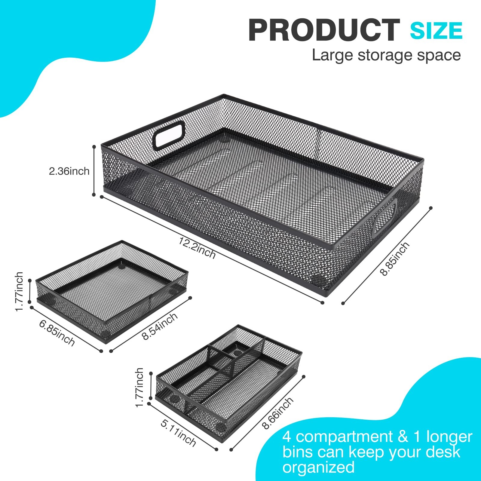 Black Mesh Office Drawer Organizer Desk Storage Tray Pen A4 File 3 PCS 12×9 Inch