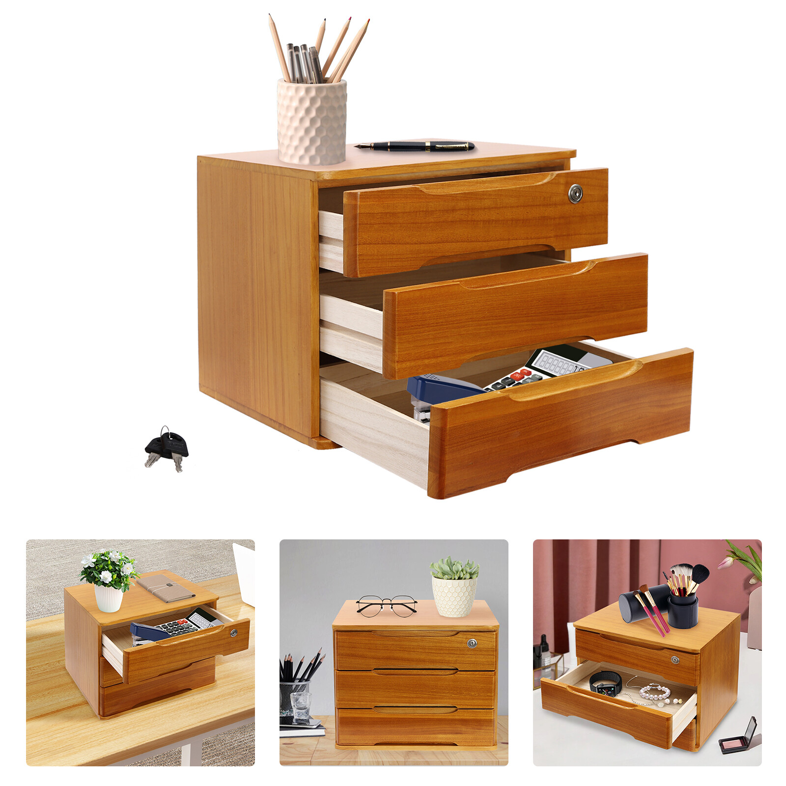 3 Tier Wooden Desk Organizer – Desk Organizer with Lockable Drawers