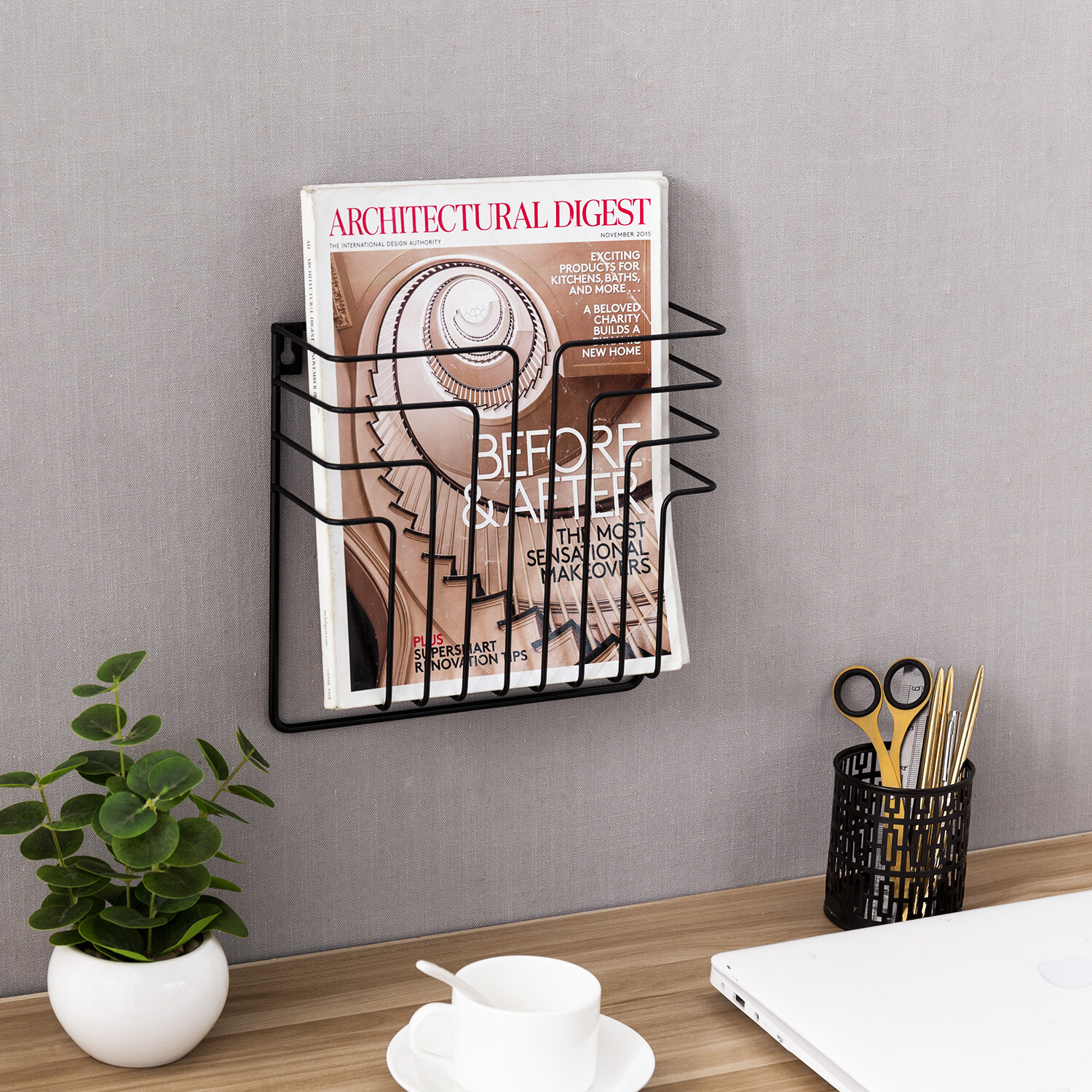 MyGift Modern Black Metal Wire Wall Mounted Magazine and File Folder Holder Rack