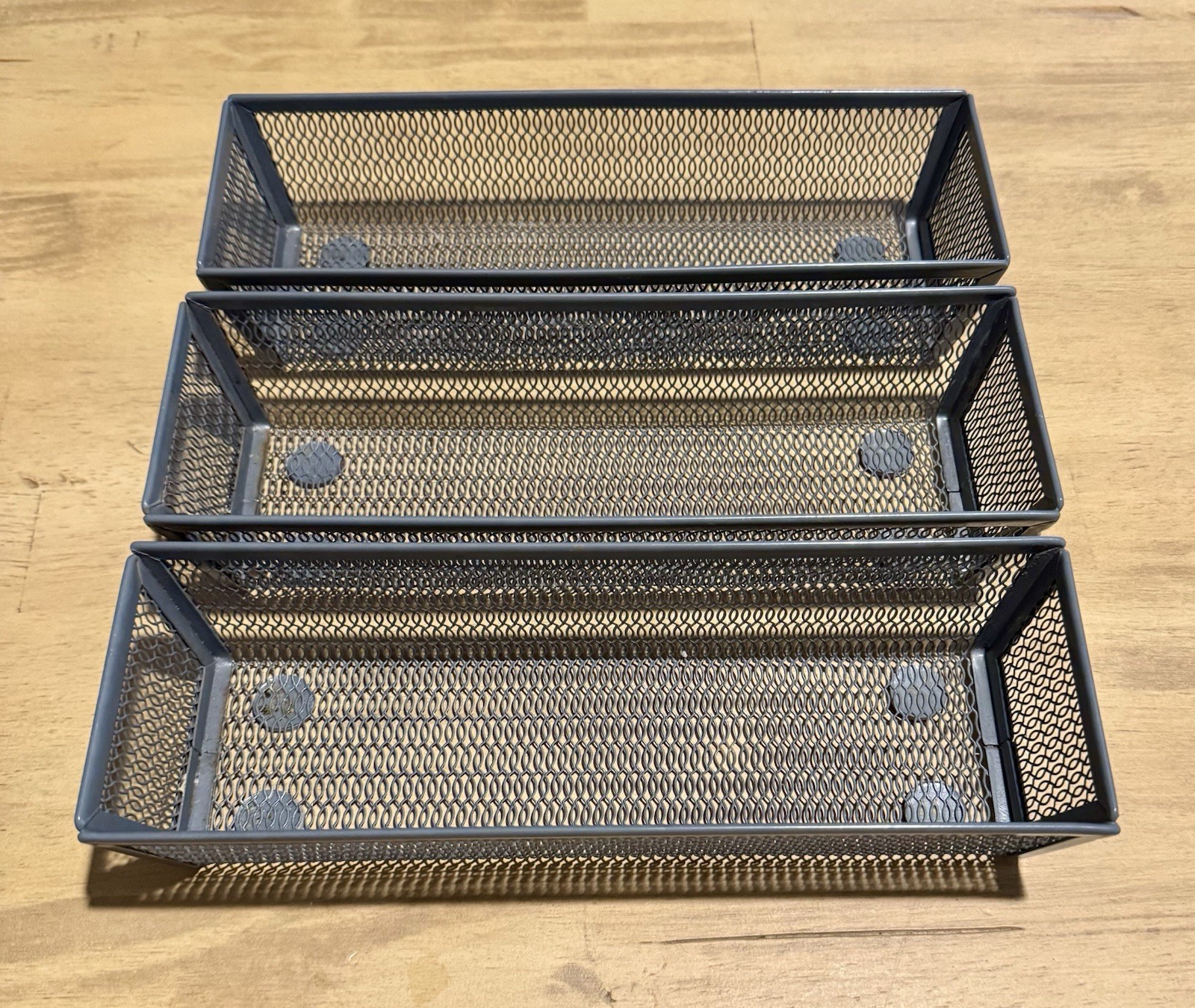 Grey Wire Organization Bins 9x3in With Bottom Pads To Prevent Scratching Gray