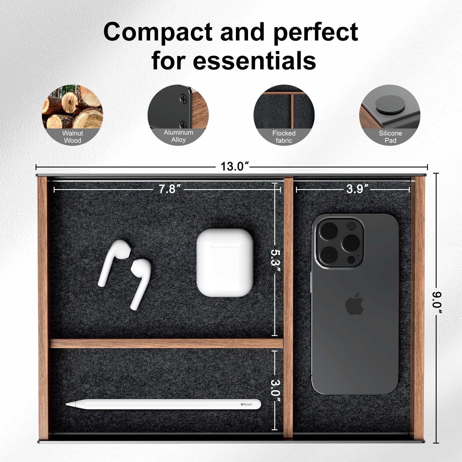 UPERGO Desk Drawer Organizer Tray, Mens Valet Made of Aluminum and Walnut, Ae…