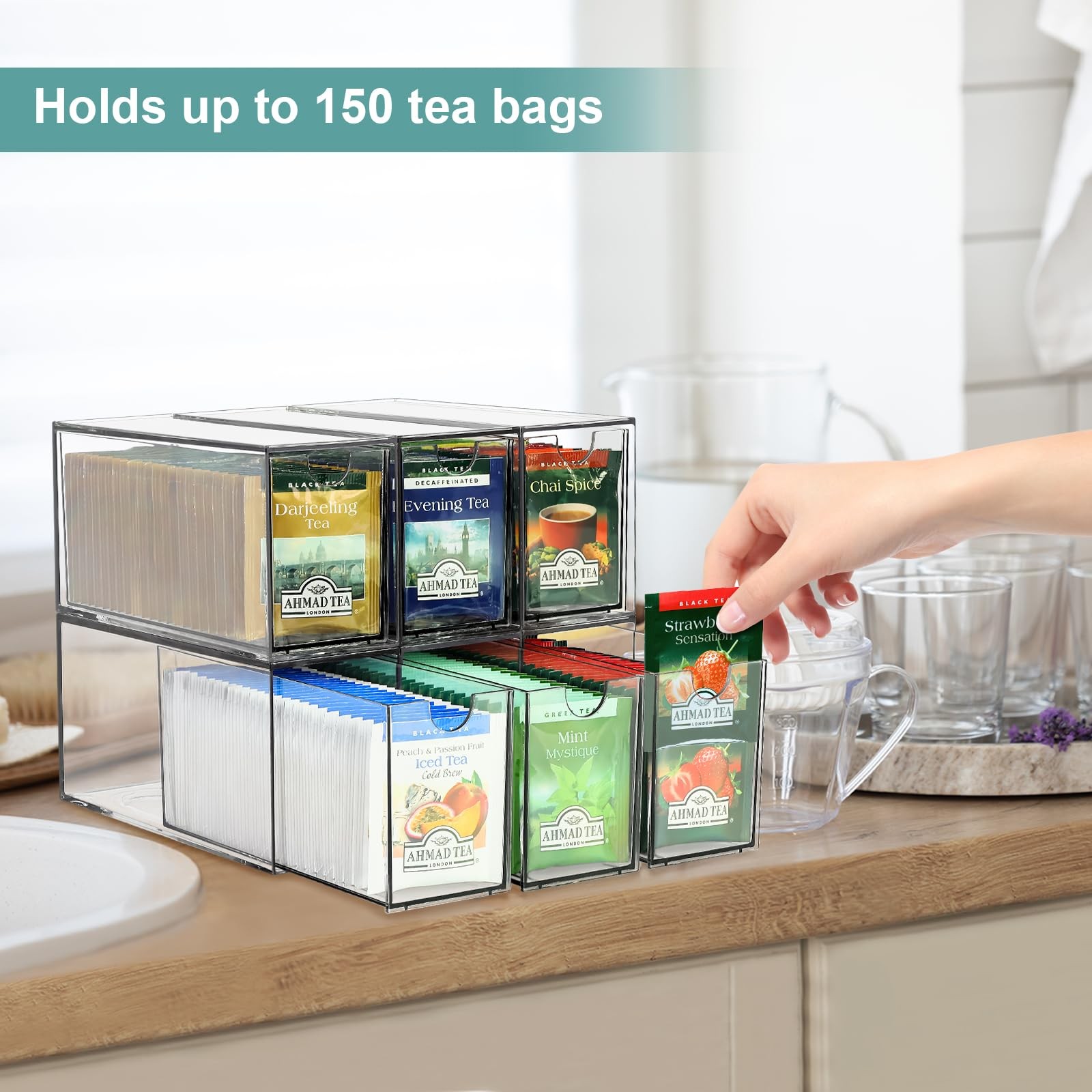 6 Tea Bag Organizer and Storage, Acrylic 6.5″ x 3″ x 3.9″, Clear