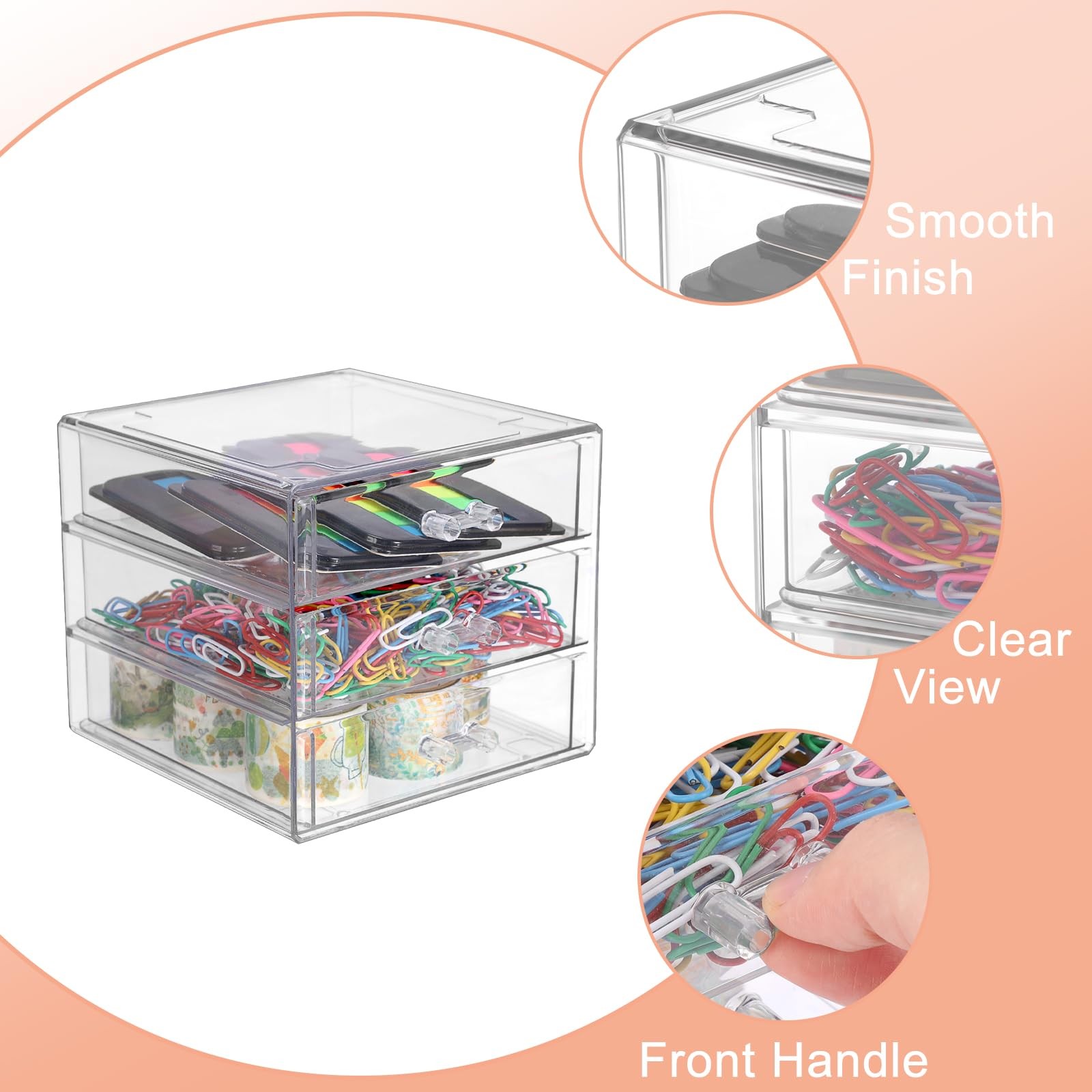 BTSKY Clear Acrylic Storage Organizer with Drawers, 3-layer, Transparent