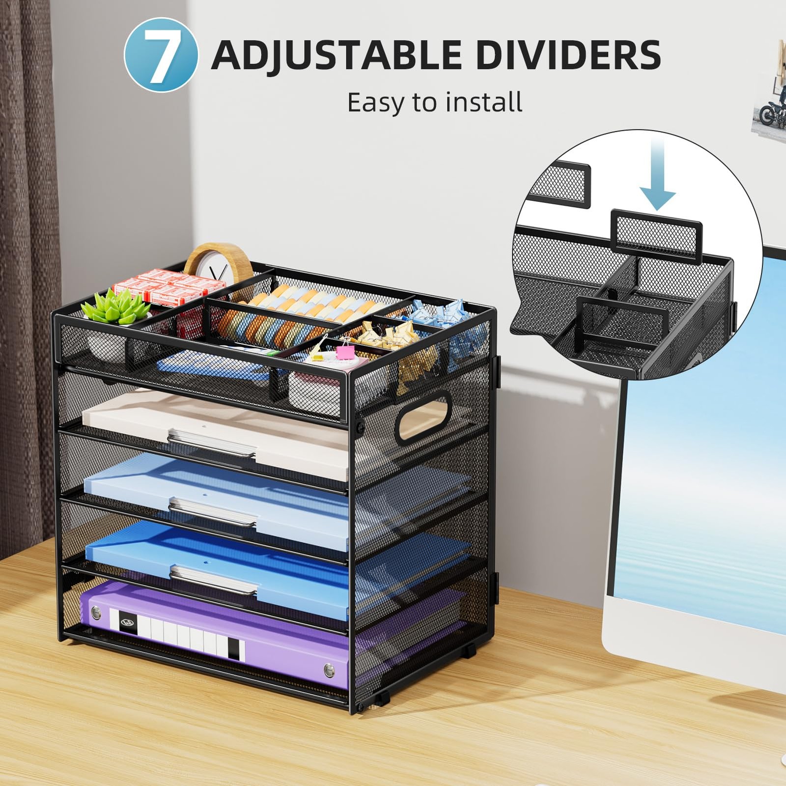5Tier Letter Tray Paper Organizer With Handle Mesh File Desktop Storage Black