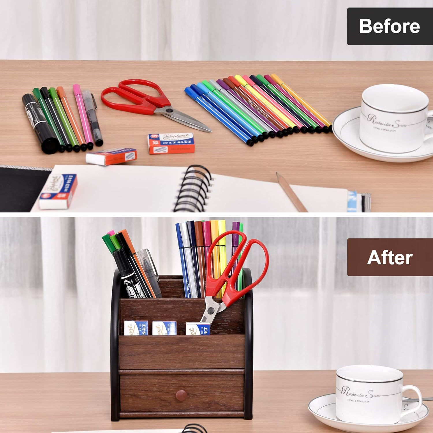 Wooden Desktop Organizer with Drawer Multifunctional Office Supply Storage –
