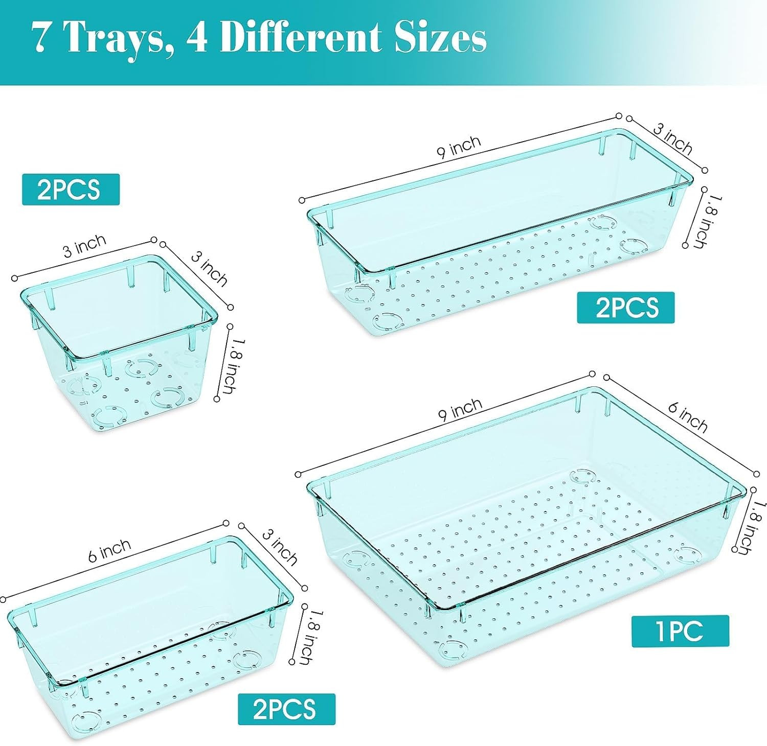 7 PCS Clear Plastic Drawer Organizers Set, 4 Size Desk Drawer Organizer Trays fo