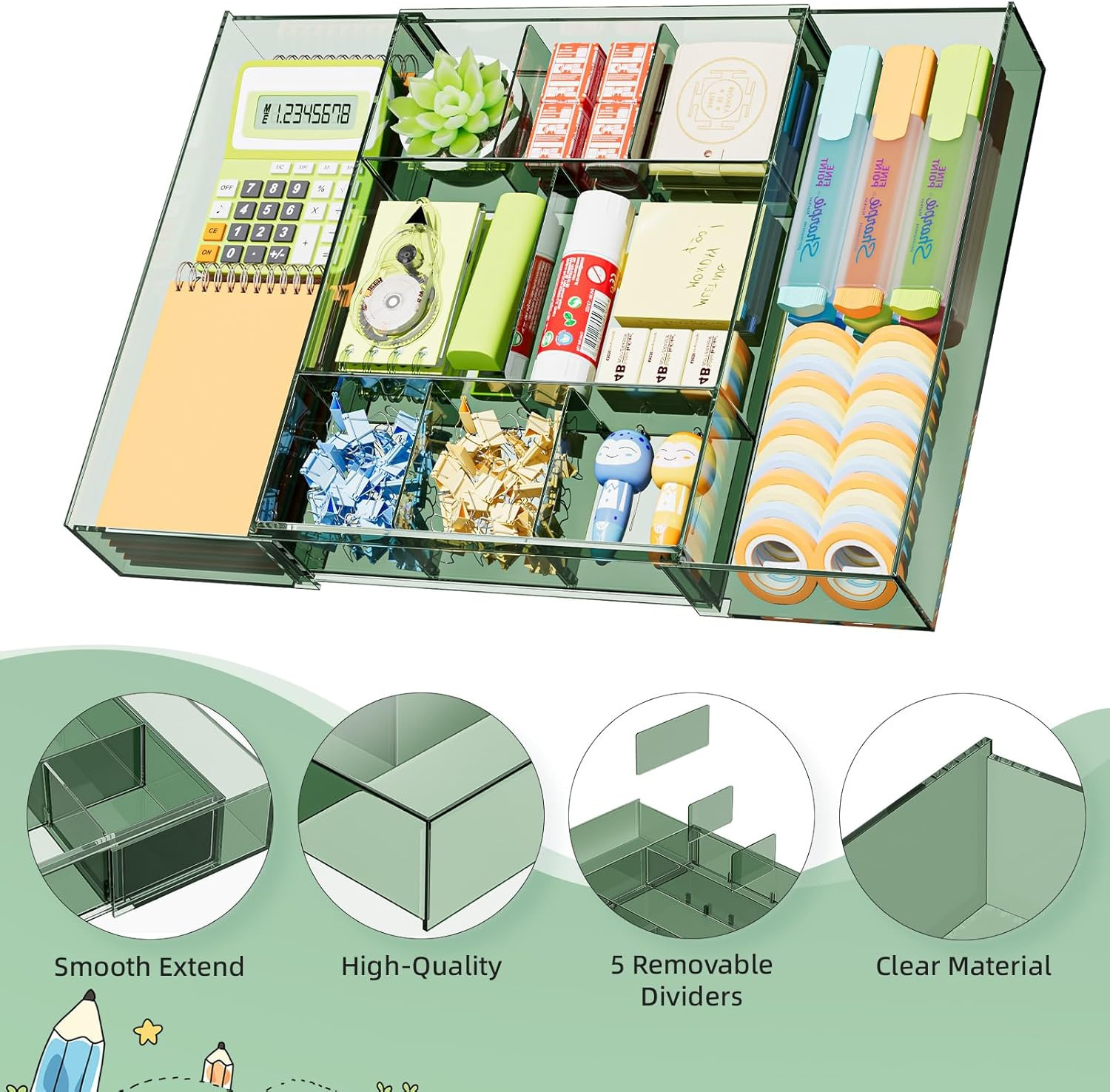 Expandable Desk Drawer Organizer, Clear Plastic Drawer Organizer Tray with 10 Ad