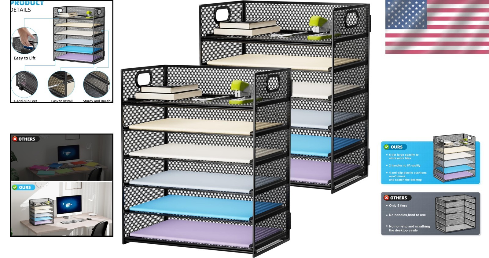 Portable Handle 6-Tier Mesh Desk Organizer