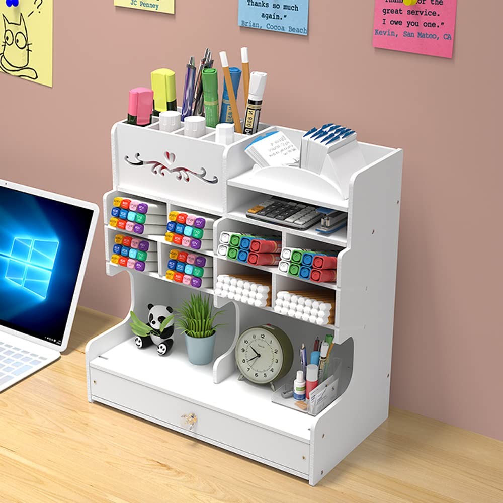 White Pen Organizer with Drawer DIY Pencil Holder Desk Tidy Caddy Office Stat…
