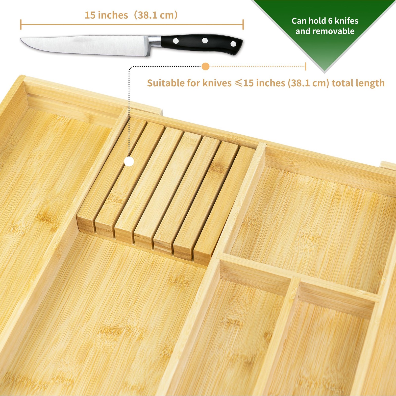 VaeFae Bamboo Silverware Drawer Organizer Kitchen, Expandable 6 Slot, Natural