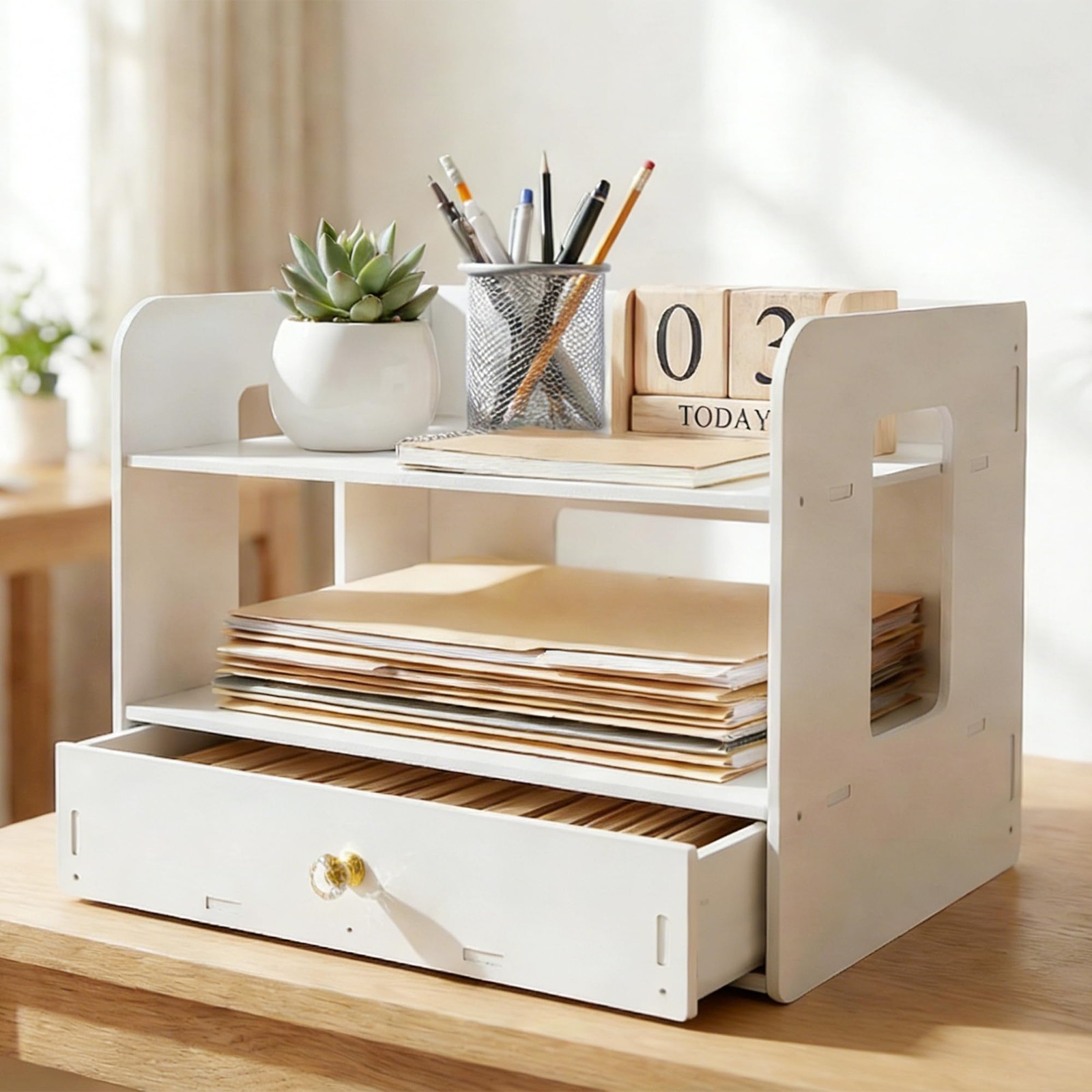 Desk Organizer, 2-Tier File Organizer for Desk with Drawer, Letter Tray , Des…